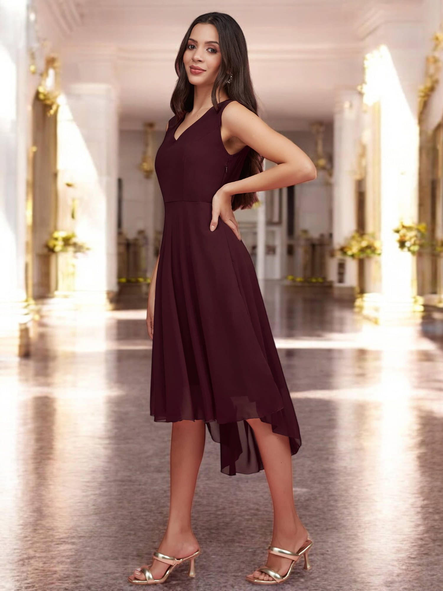     			Miss Chase Women Georgette Solid Skater Dress ( Maroon )