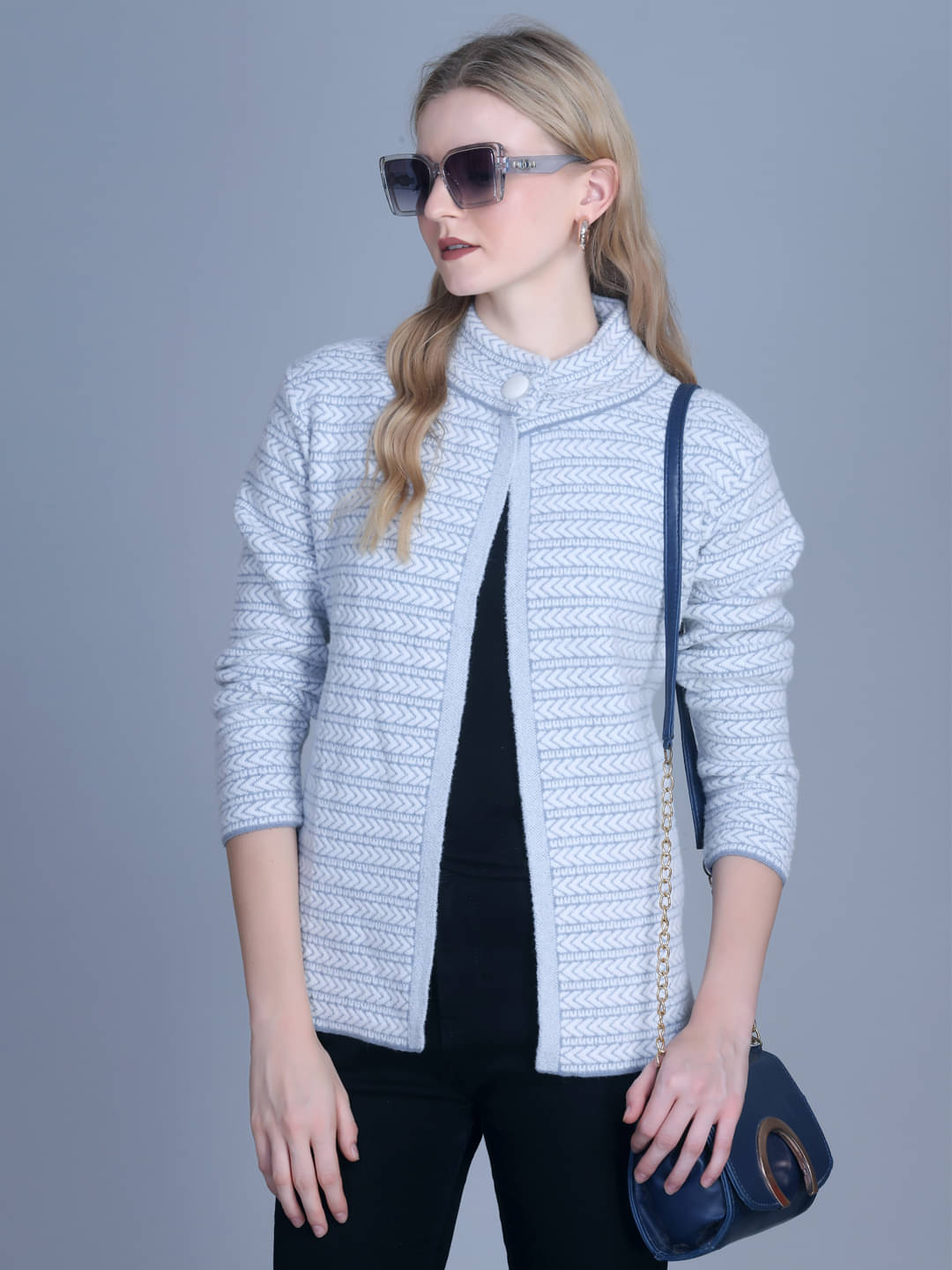     			OBAAN Acrylic High Neck Women's Buttoned Cardigans - Blue ( Pack of 1 )
