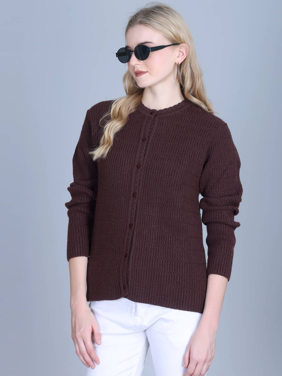     			OBAAN Women Acrylic Round Neck Cardigan ( Brown )