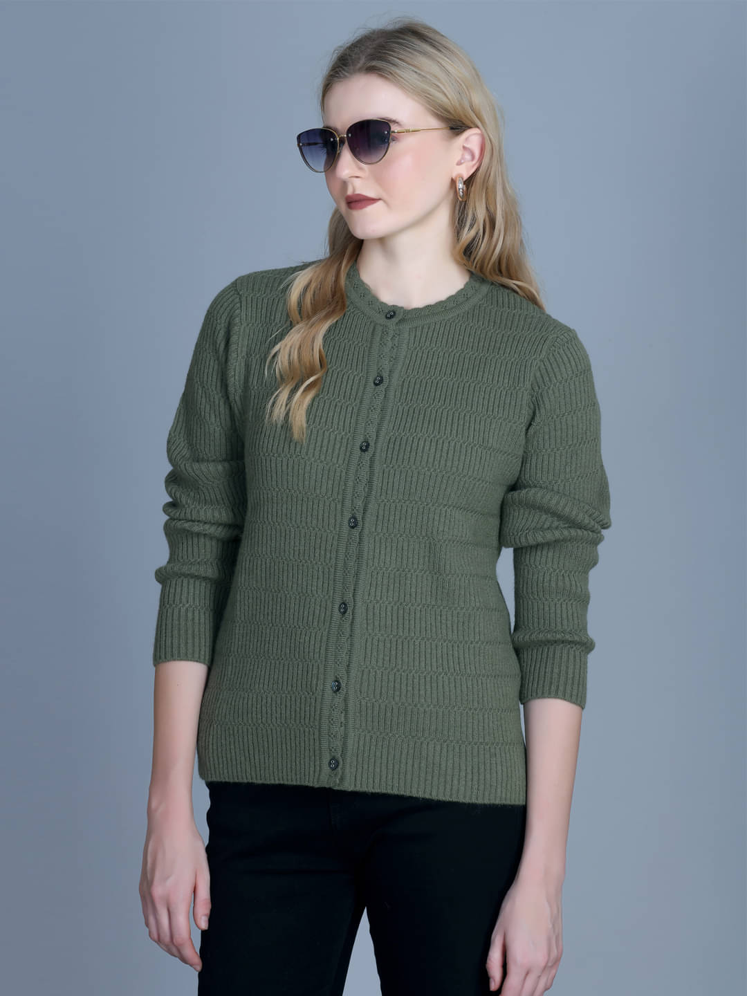     			OBAAN Acrylic Round Neck Women's Buttoned Cardigans - Dark Green ( Pack of 1 )