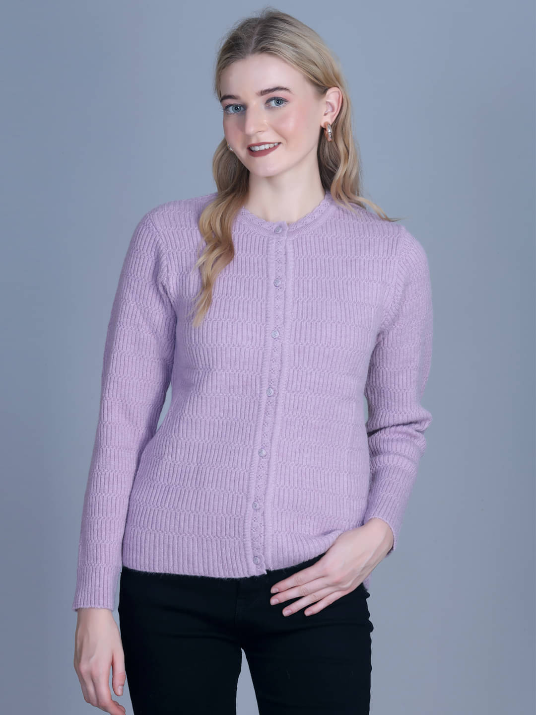     			OBAAN Acrylic Round Neck Women's Buttoned Cardigans - Purple ( Pack of 1 )