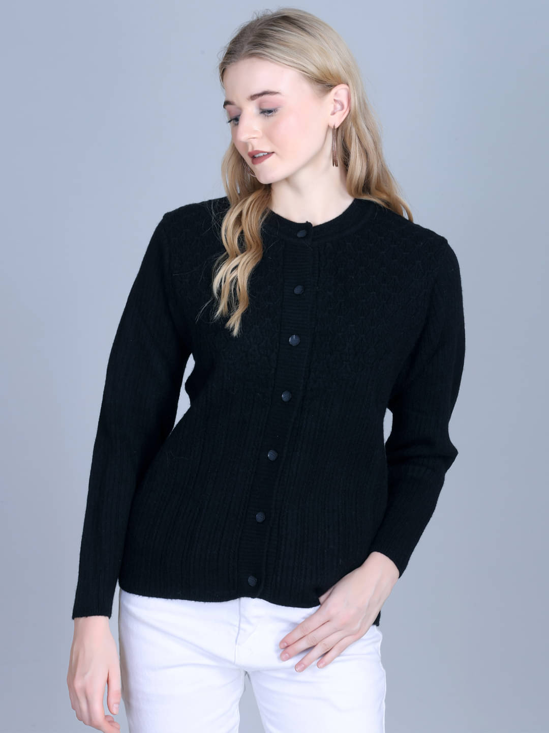     			OBAAN Acrylic Round Neck Women's Buttoned Cardigans - Black ( Pack of 1 )