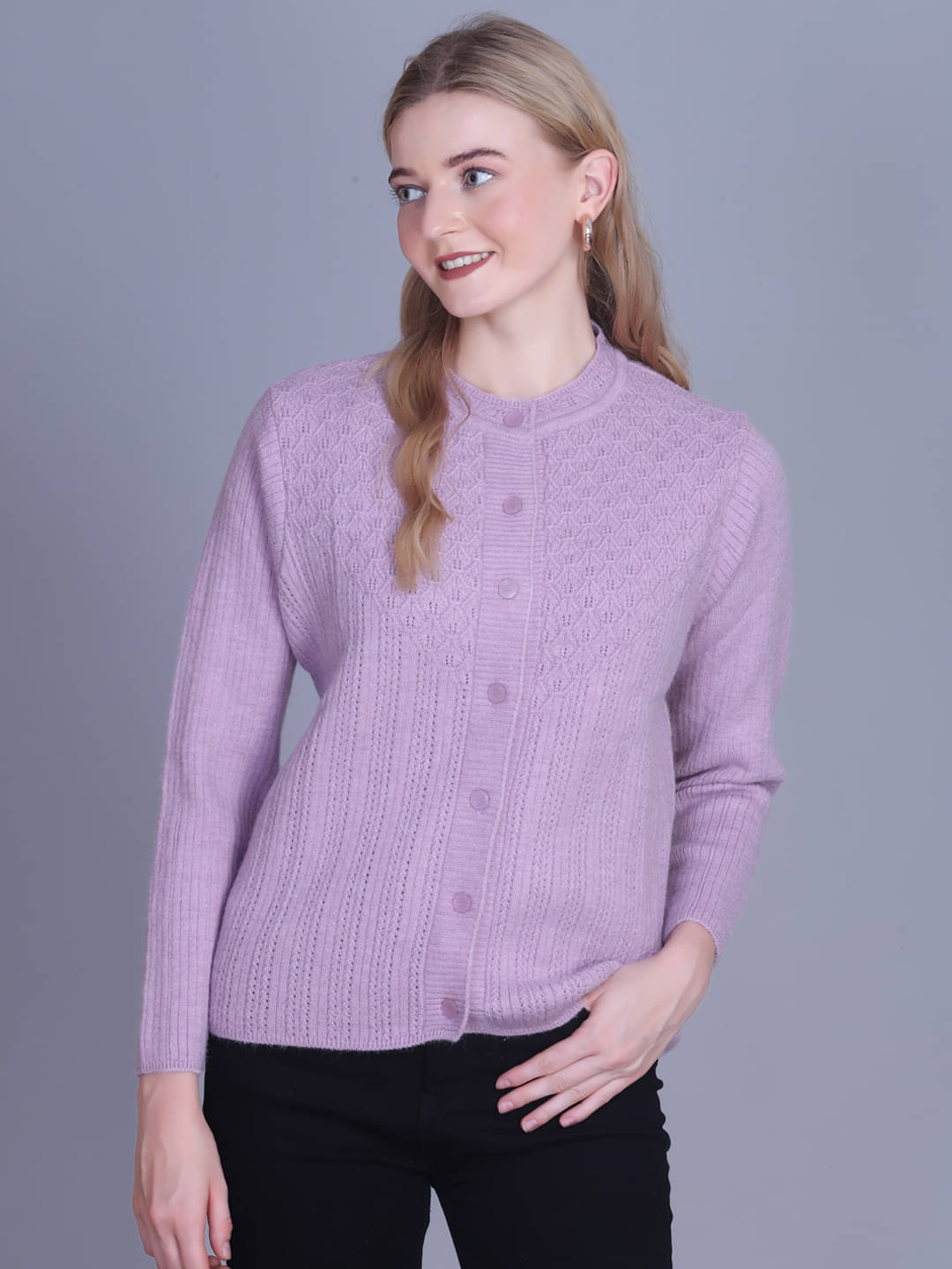     			OBAAN Acrylic Round Neck Women's Buttoned Cardigans - Purple ( Pack of 1 )