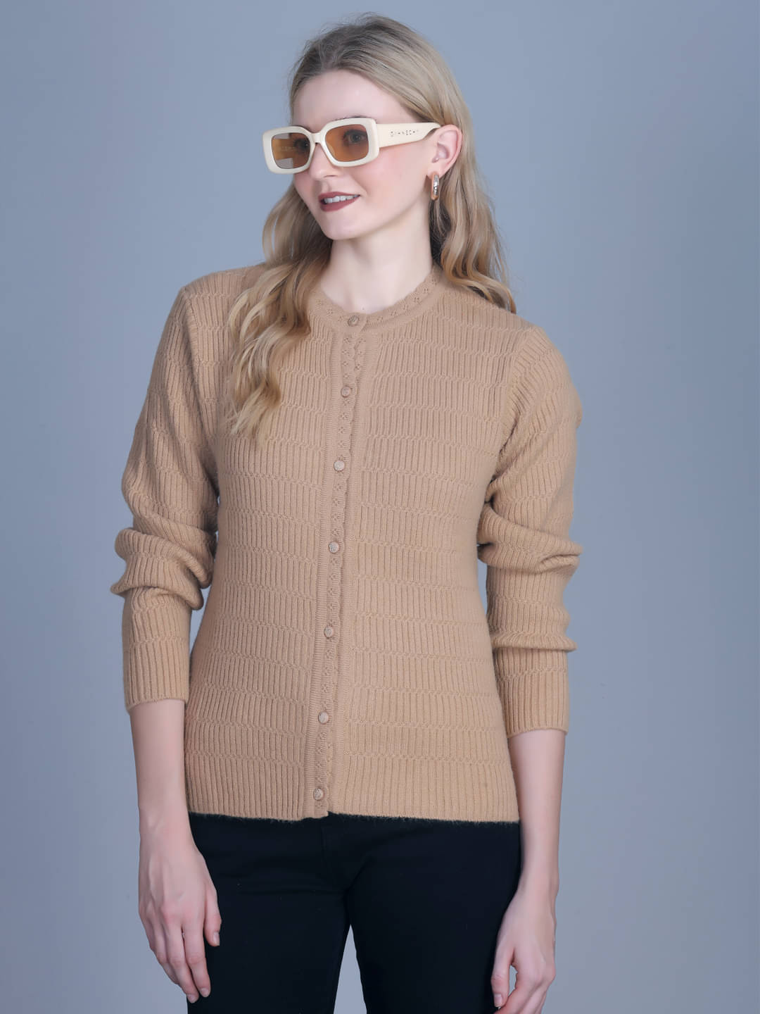     			OBAAN Acrylic Round Neck Women's Buttoned Cardigans - Beige ( Pack of 1 )