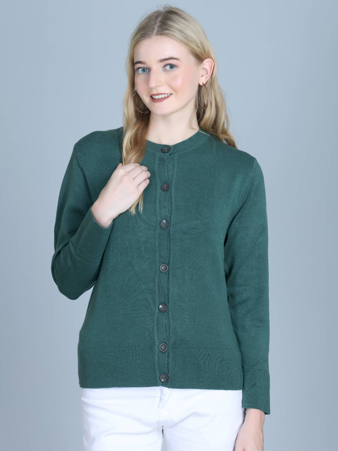     			OBAAN Acrylic Round Neck Women's Buttoned Cardigans - Dark Green ( Pack of 1 )