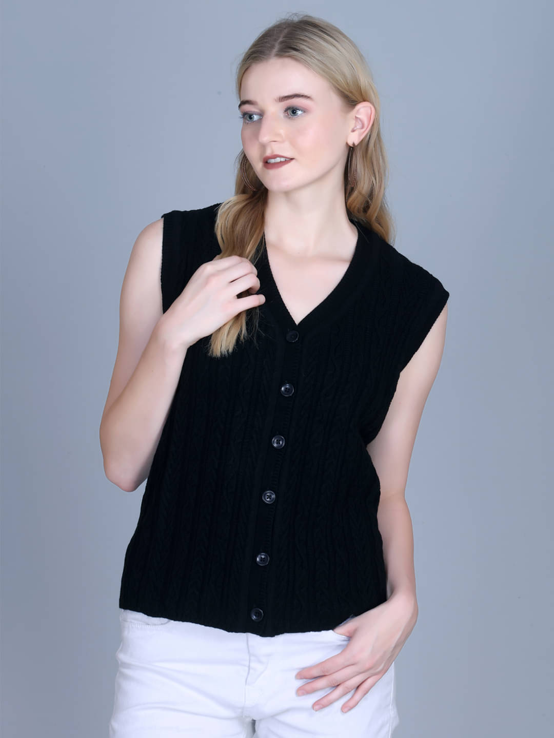     			OBAAN Acrylic V Neck Women's Buttoned Cardigans - Black ( Pack of 1 )