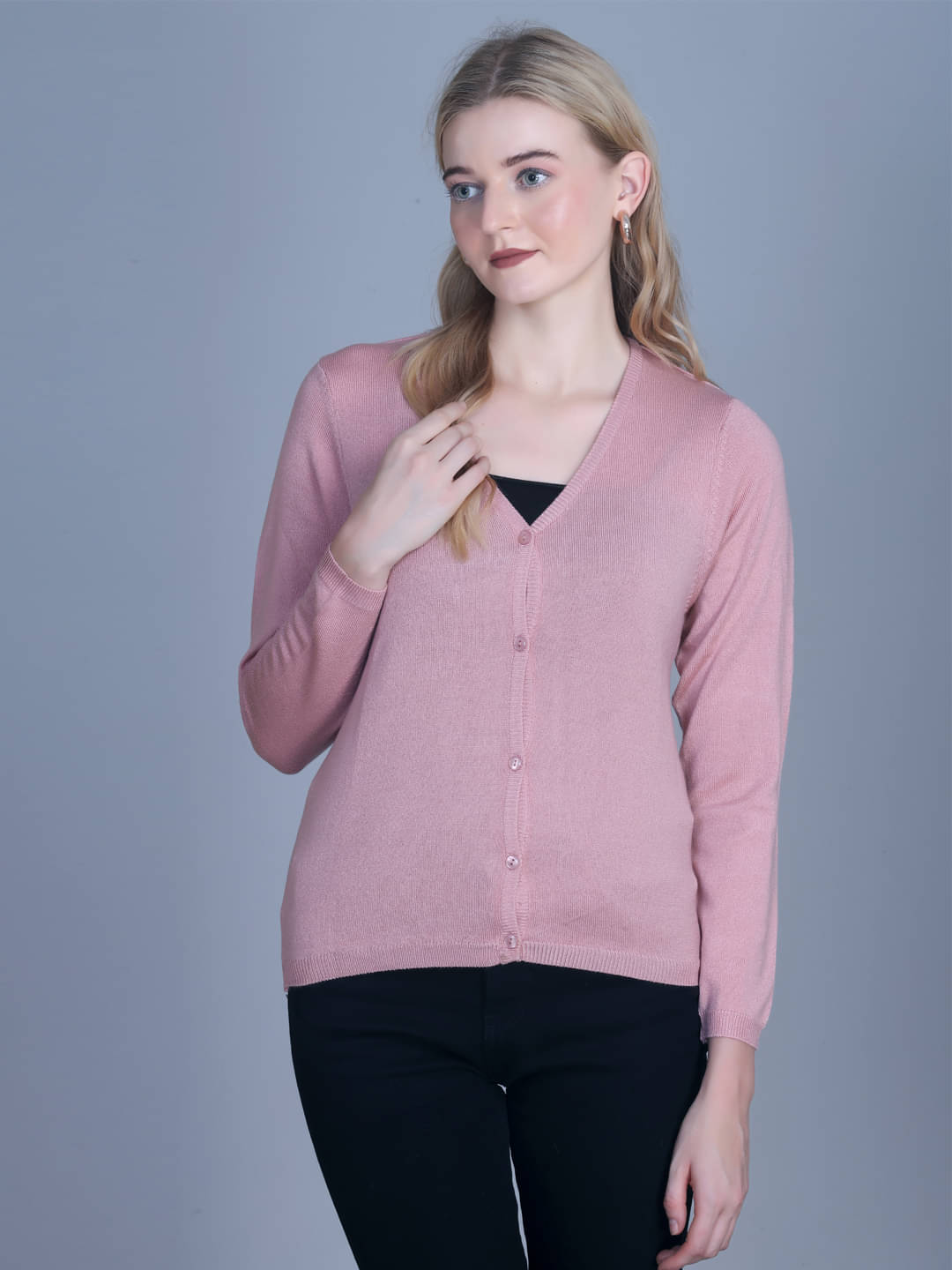 OBAAN Women Acrylic V-Neck Cardigan ( Pink )     			OBAAN Women Acrylic V-Neck Cardigan ( Pink )