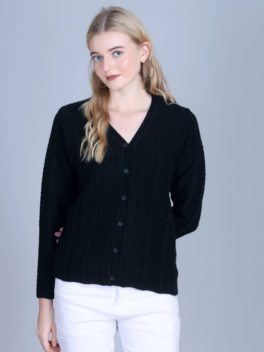     			OBAAN Acrylic V Neck Women's Buttoned Cardigans - Black ( Pack of 1 )