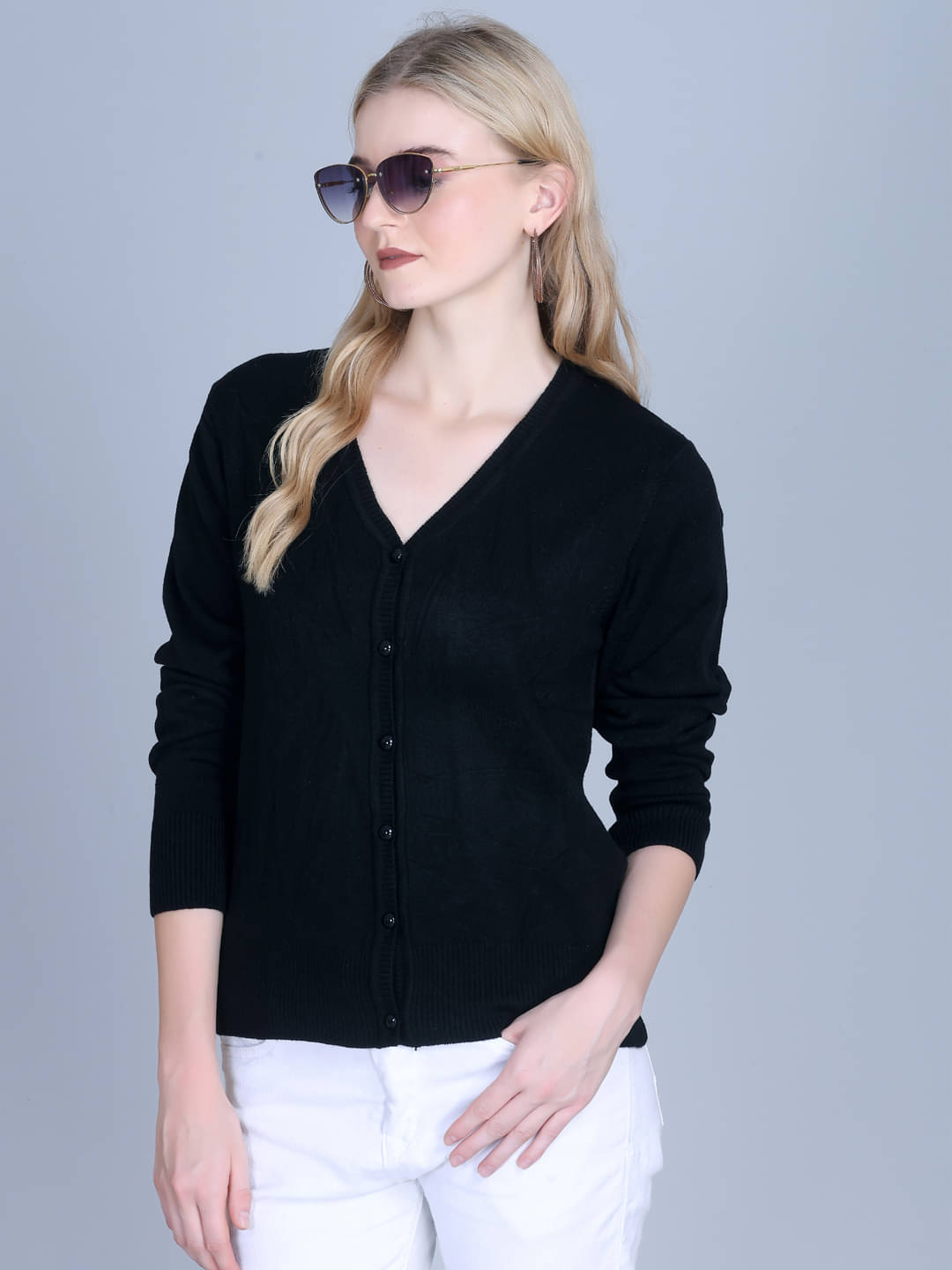     			OBAAN Acrylic V Neck Women's Buttoned Cardigans - Black ( Pack of 1 )