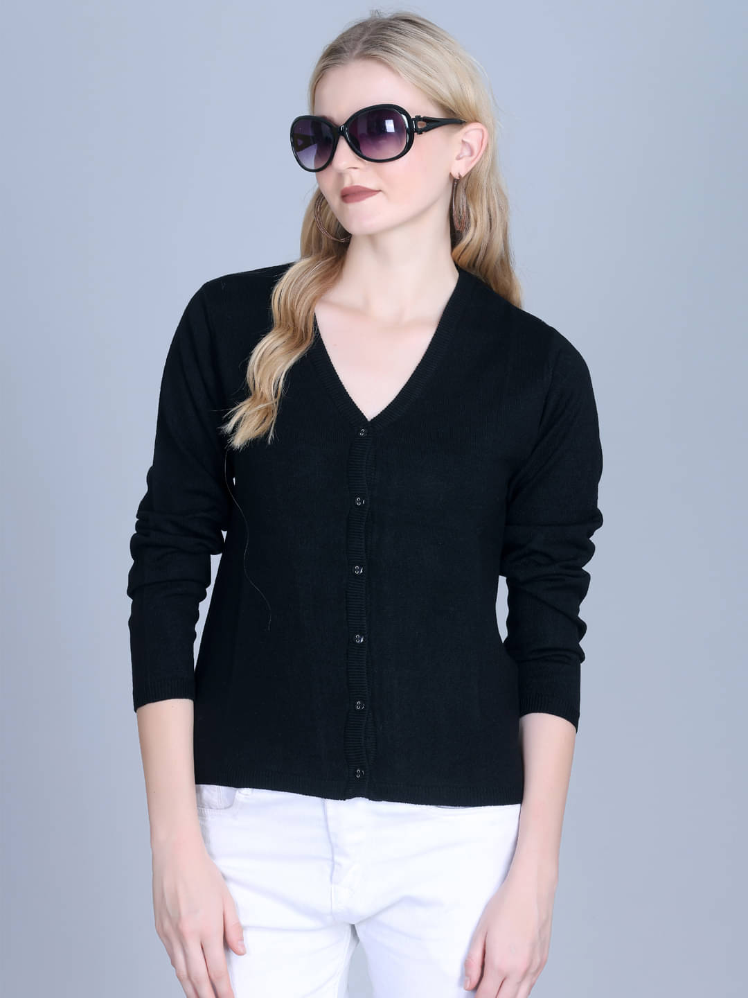 OBAAN Acrylic V Neck Women's Buttoned Cardigans - Black ( Pack of 1 ) OBAAN Acrylic V Neck Women's Buttoned Cardigans - Black ( Pack of 1 )