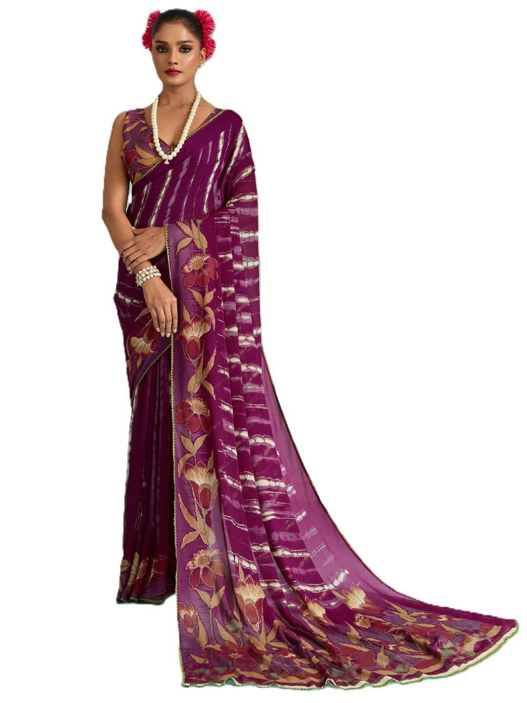     			PANZORA Chiffon Solid Regular Saree Without Blouse Piece ( Purple )