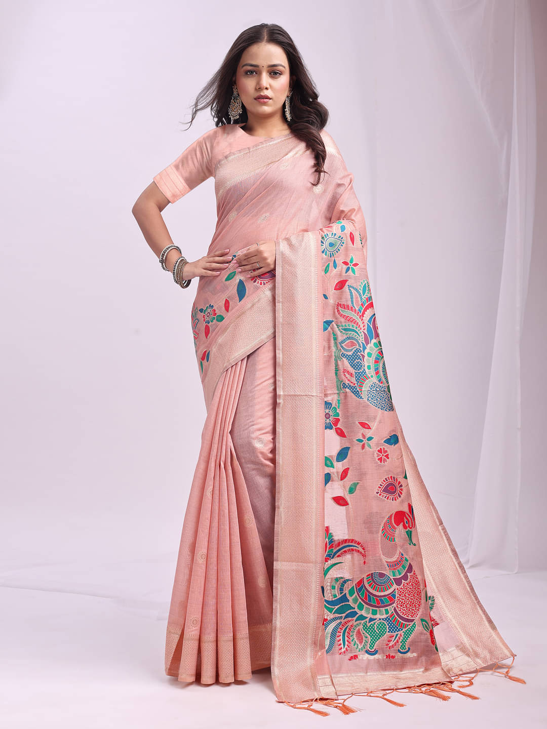     			PANZORA Linen Solid Regular Saree Without Blouse Piece ( Pink )