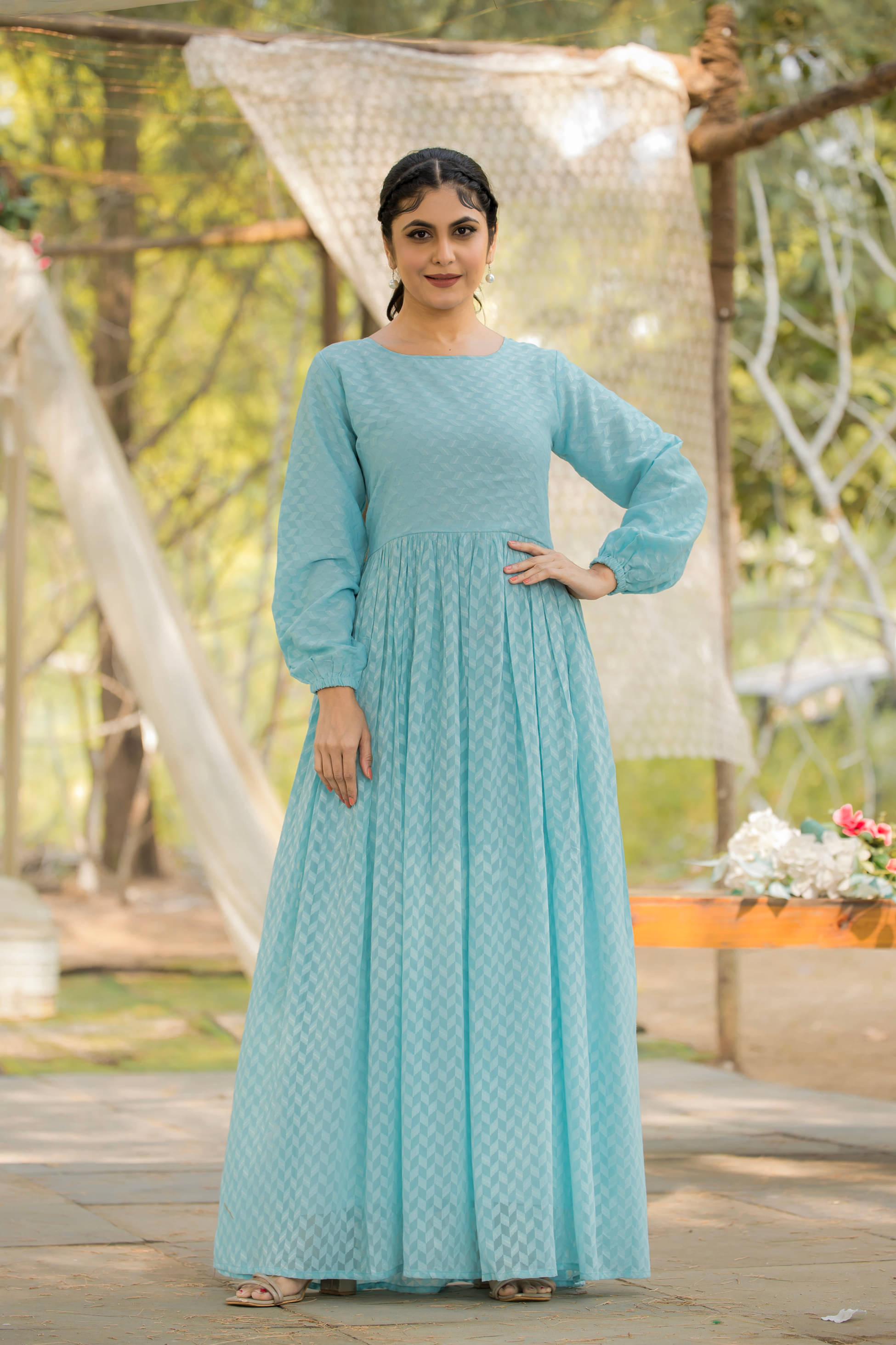     			SARINKU Women Georgette Flared Stitched Ethnic Gown ( Light Blue )