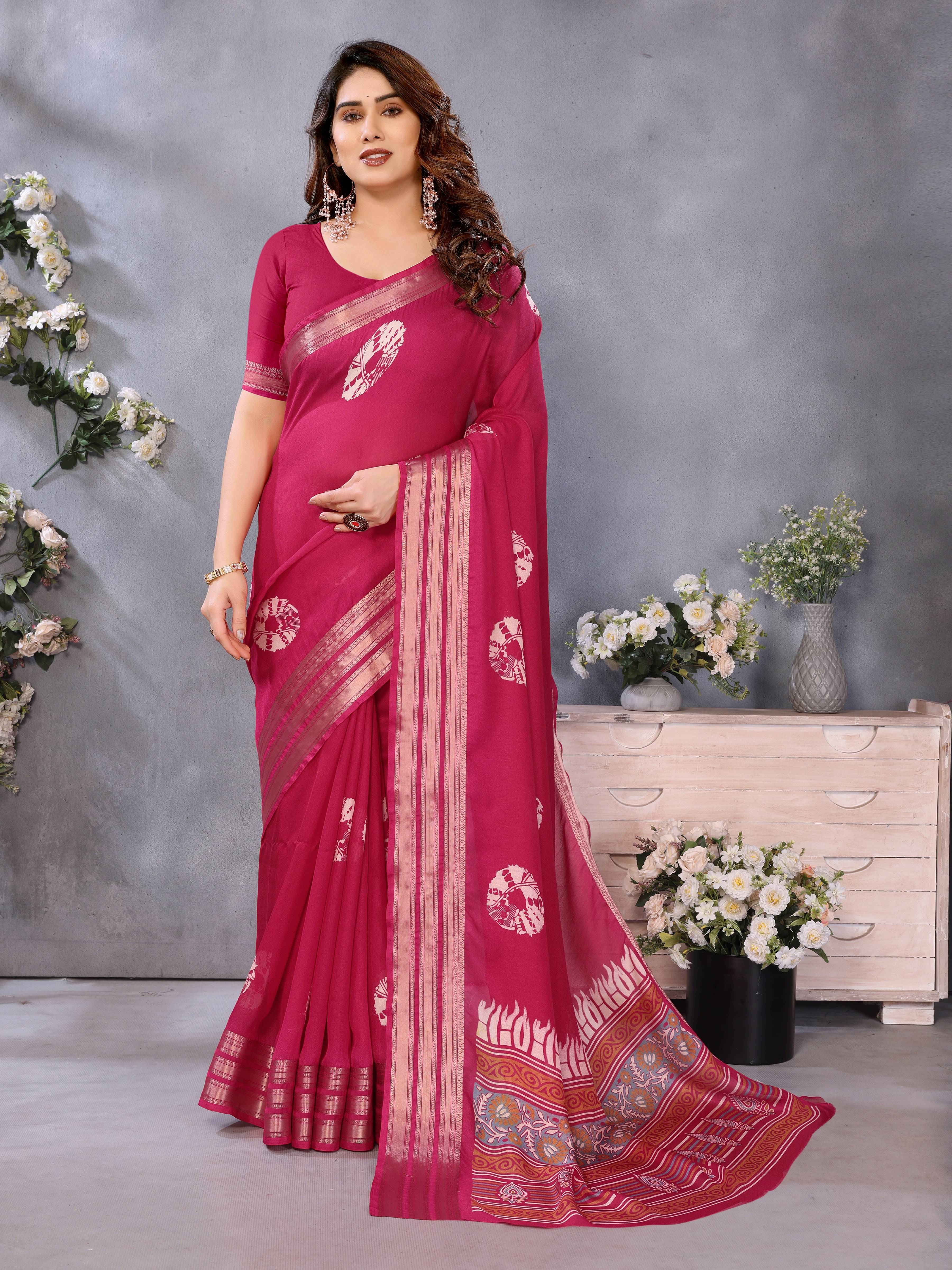     			Sidhidata Chiffon Printed Mashru Saree With Unstitched Blouse Piece ( Rani )