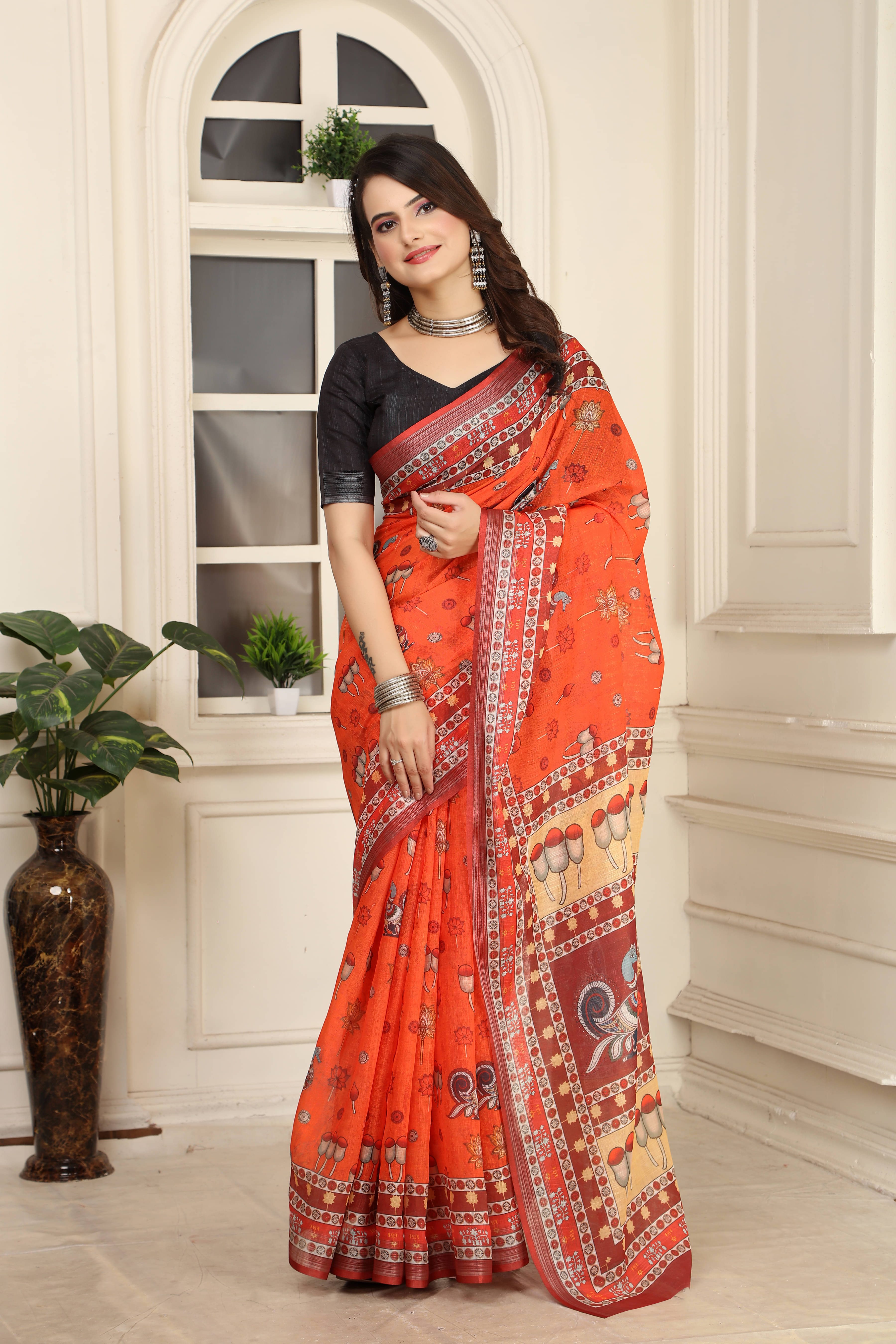     			Sidhidata Cotton Blend Printed Chanderi saree With Unstitched Blouse Piece ( Orange )