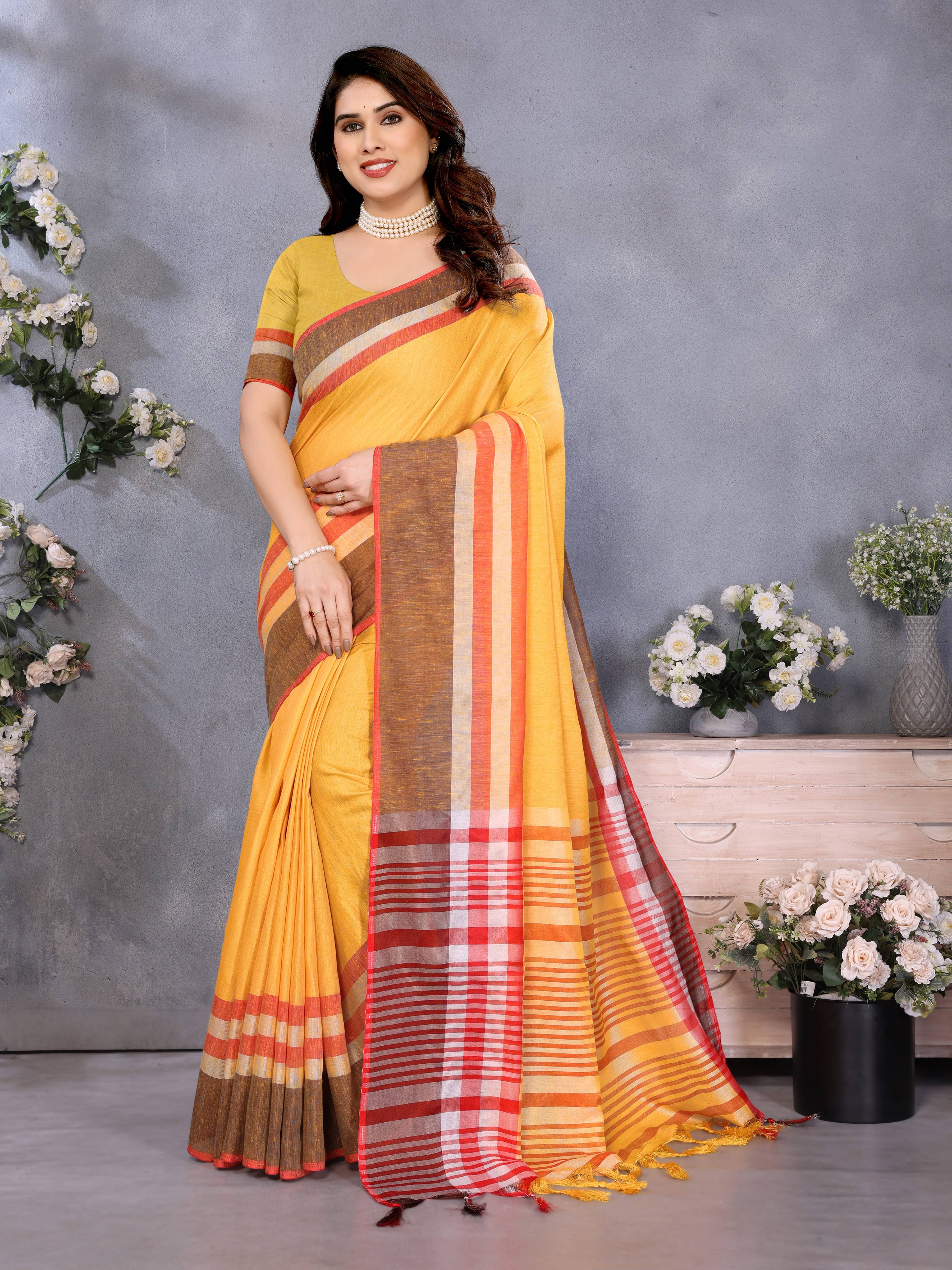     			Sidhidata Cotton Blend Solid Regular Saree With Unstitched Blouse Piece ( Yellow )