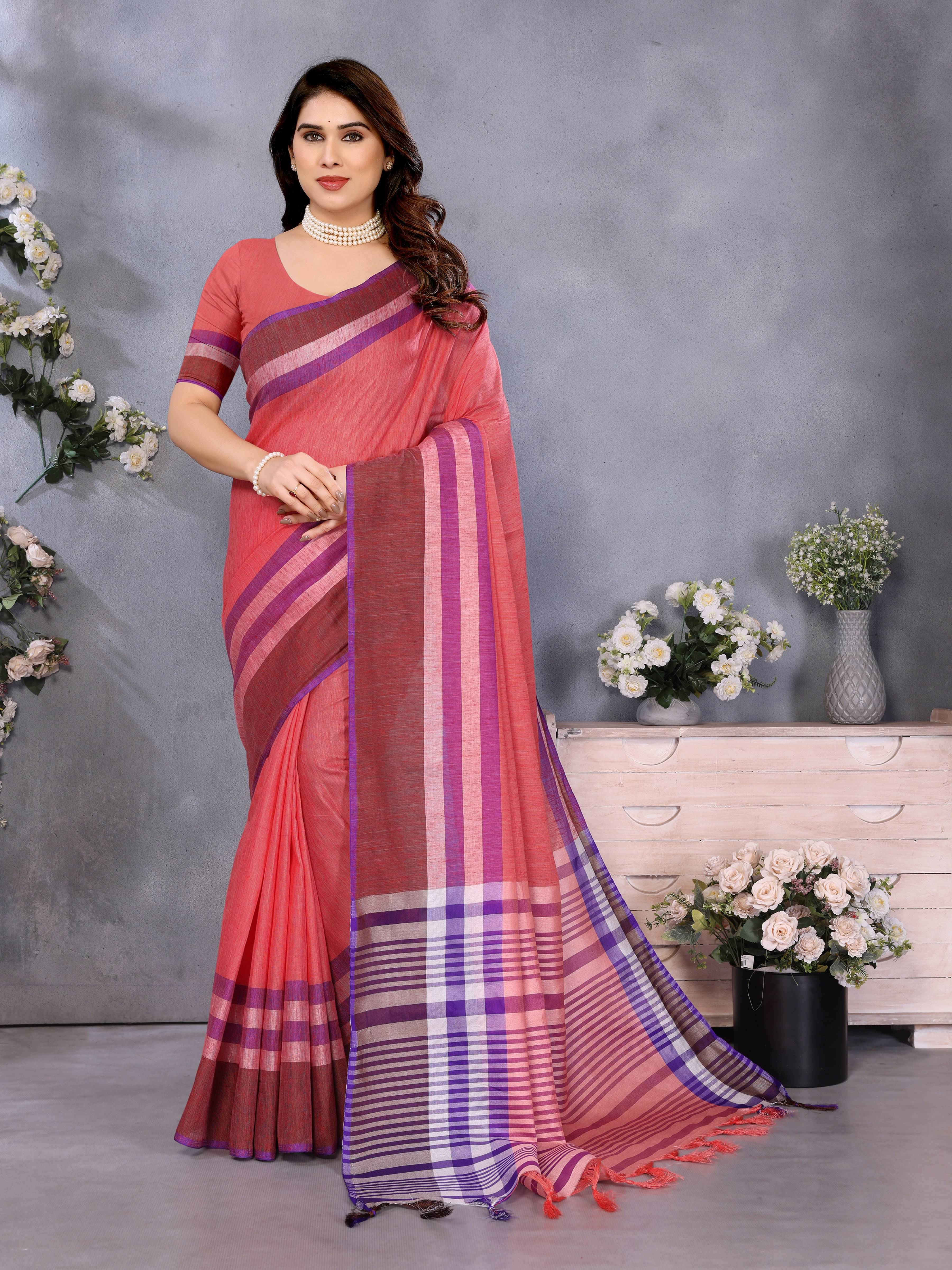     			Sidhidata Cotton Blend Solid Regular Saree With Unstitched Blouse Piece ( Peach )
