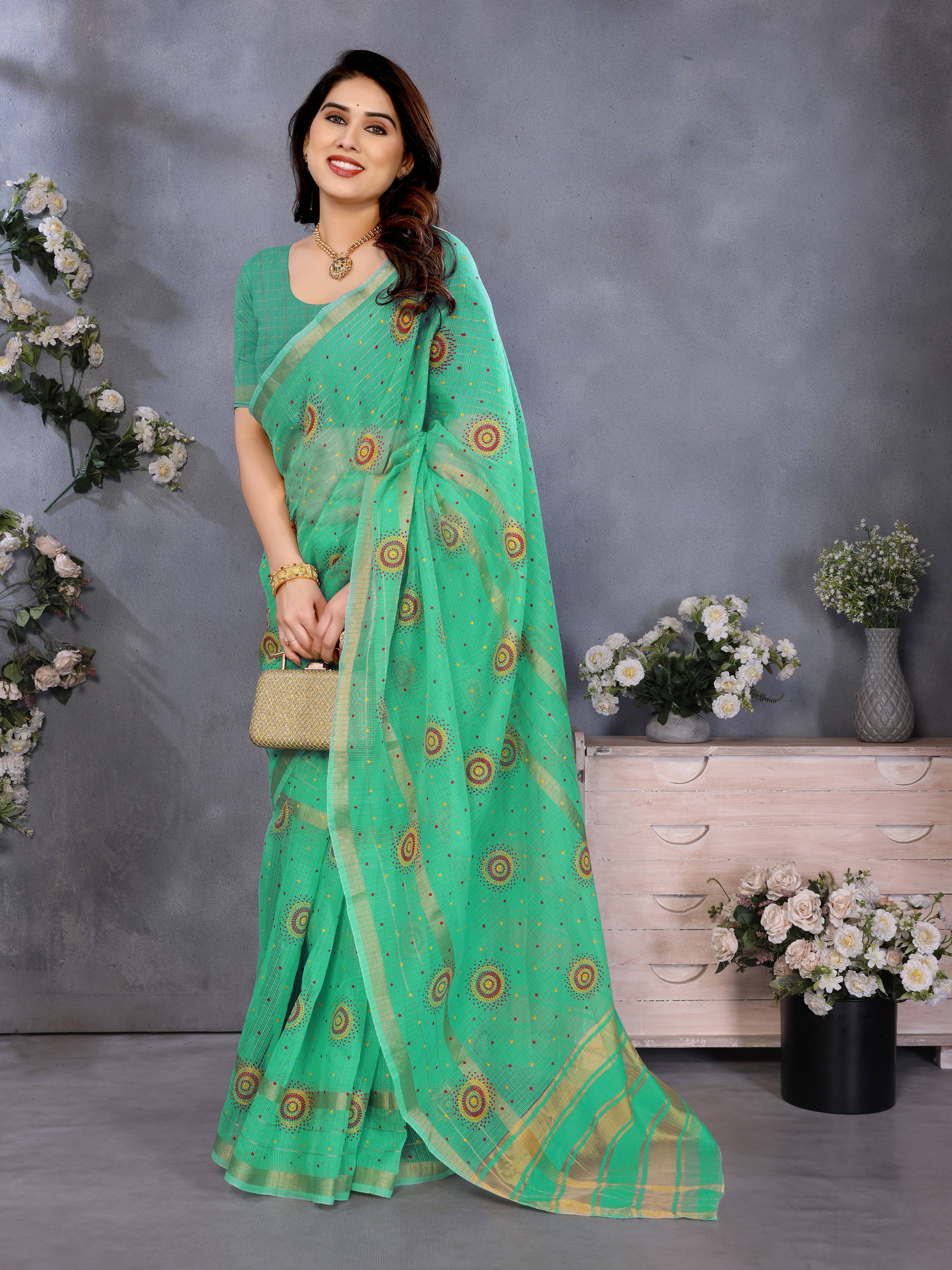 Sidhidata Cotton Printed Kota Doria Saree With Unstitched Blouse Piece ( Sea Green )     			Sidhidata Cotton Printed Kota Doria Saree With Unstitched Blouse Piece ( Sea Green )