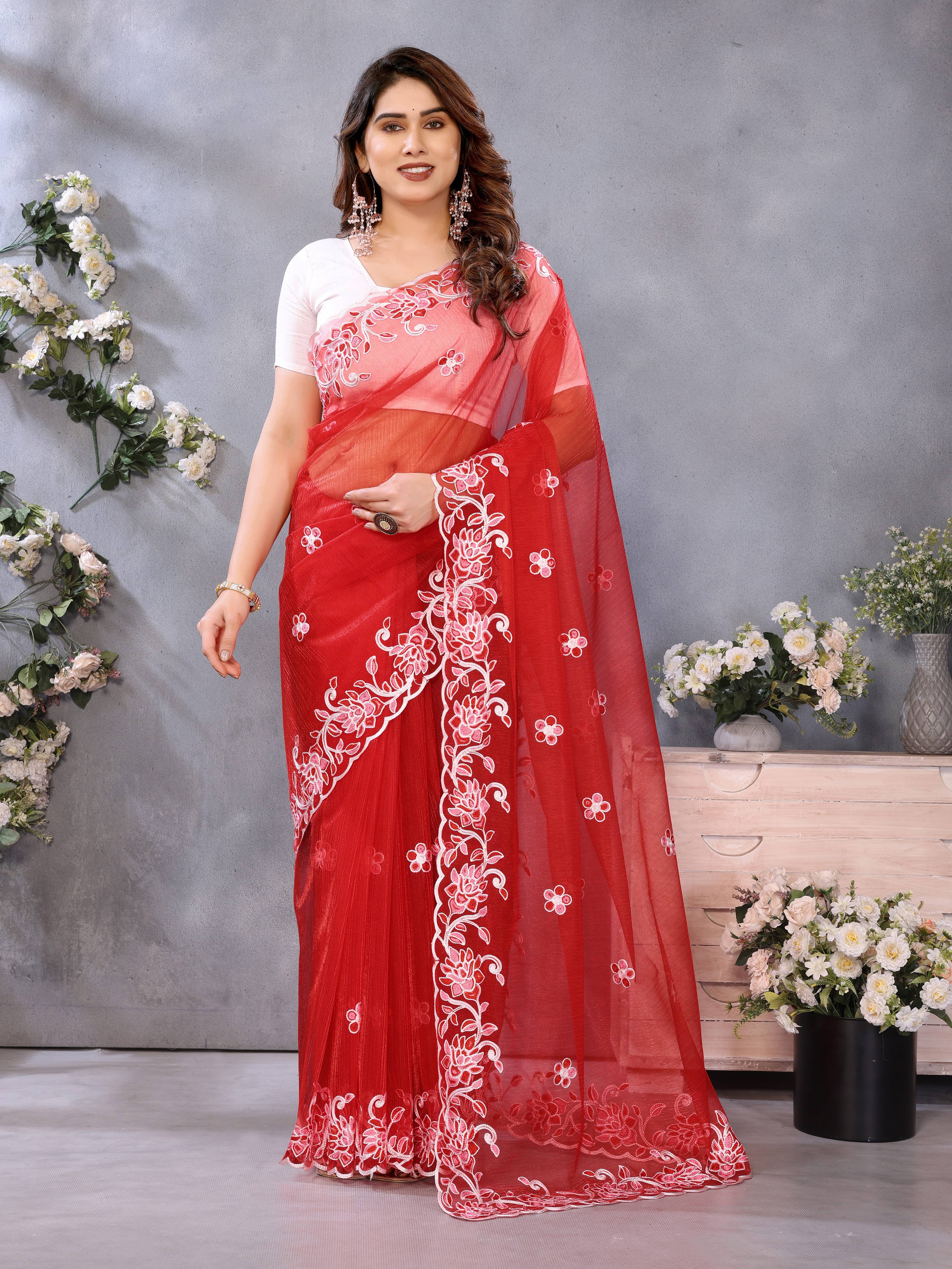     			Sidhidata Net Embroidered Regular Saree With Unstitched Blouse Piece ( Red )