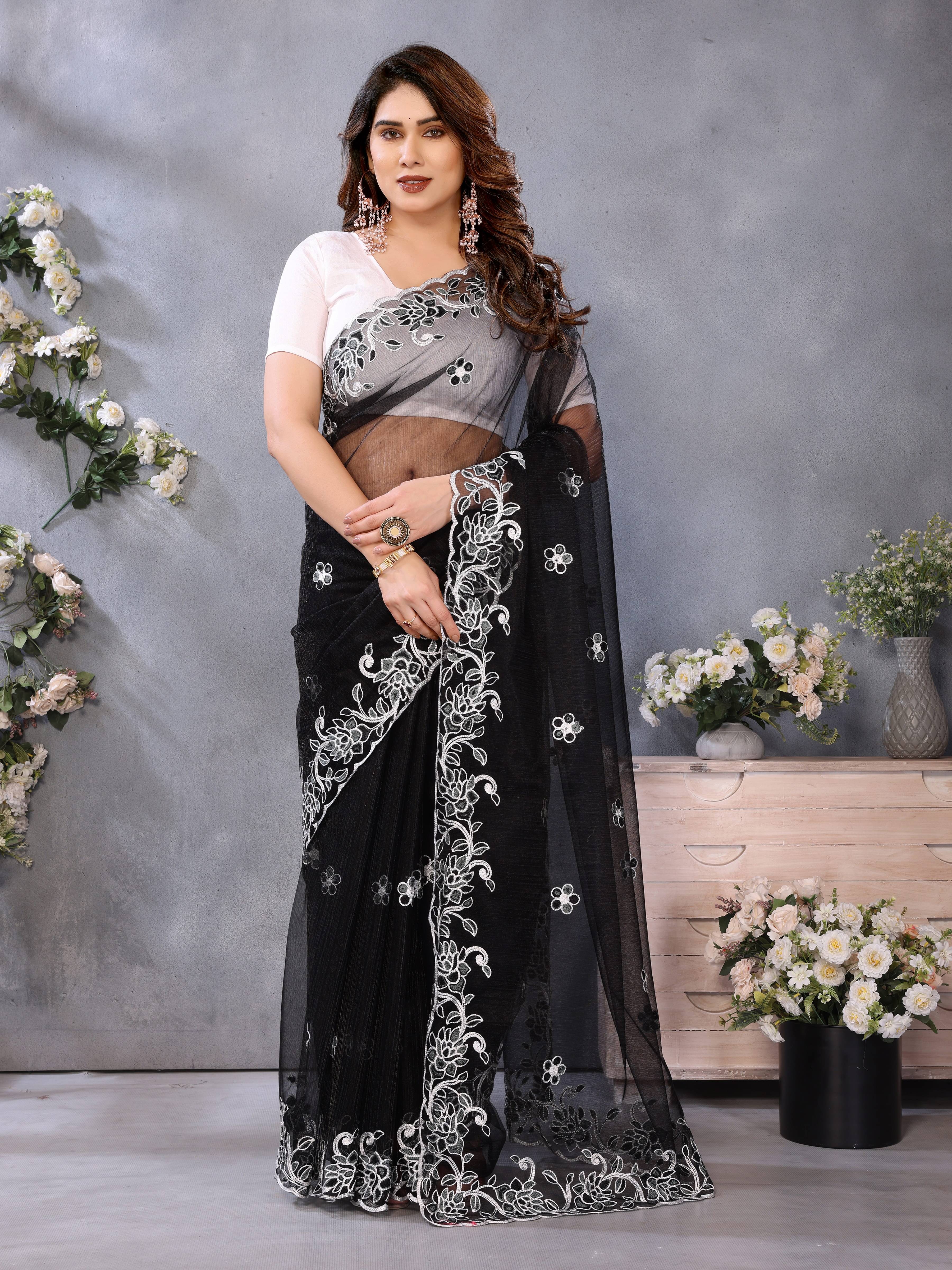     			Sidhidata Net Embroidered Regular Saree With Unstitched Blouse Piece ( Black )