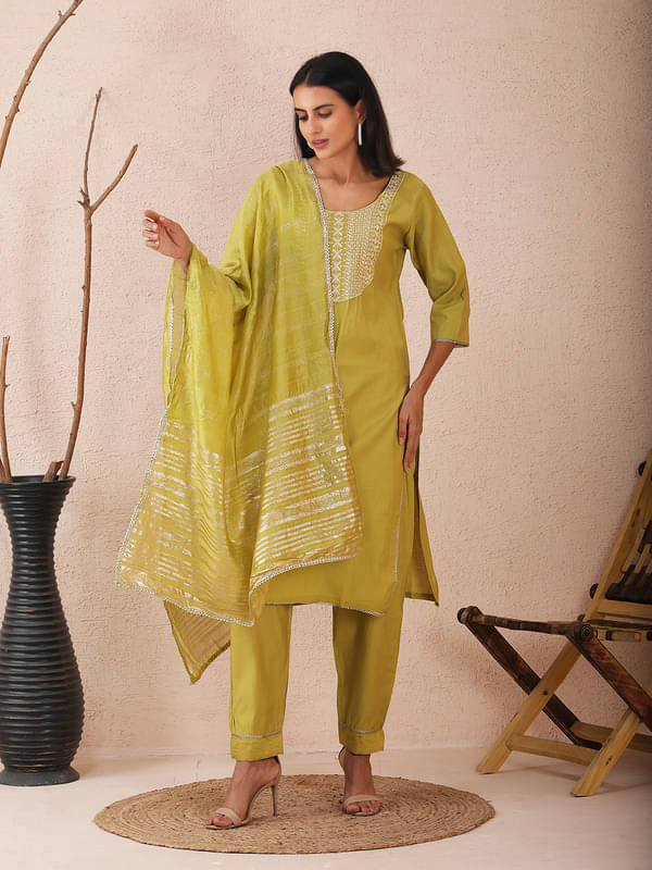     			Sold For Style Women Cotton Embroidered Straight Kurti With Pants ( Mustard )