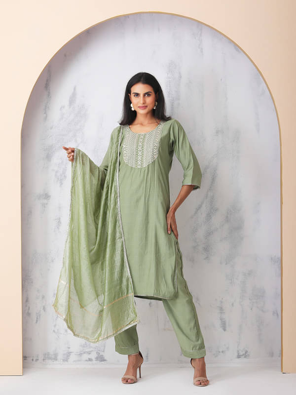     			Sold For Style Women Cotton Embroidered Straight Kurti With Pants ( Green )
