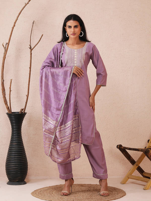     			Sold For Style Women Cotton Embroidered Straight Kurti With Pants ( Lavender )