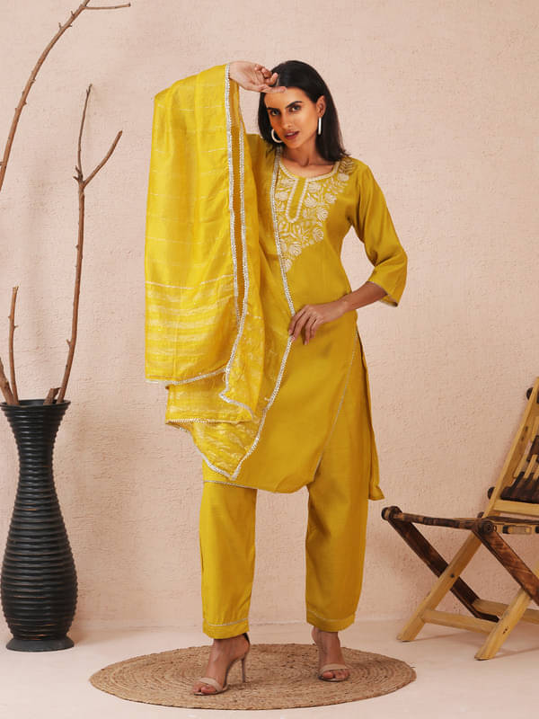     			Sold For Style Women Cotton Embroidered Straight Kurti With Pants ( Yellow )