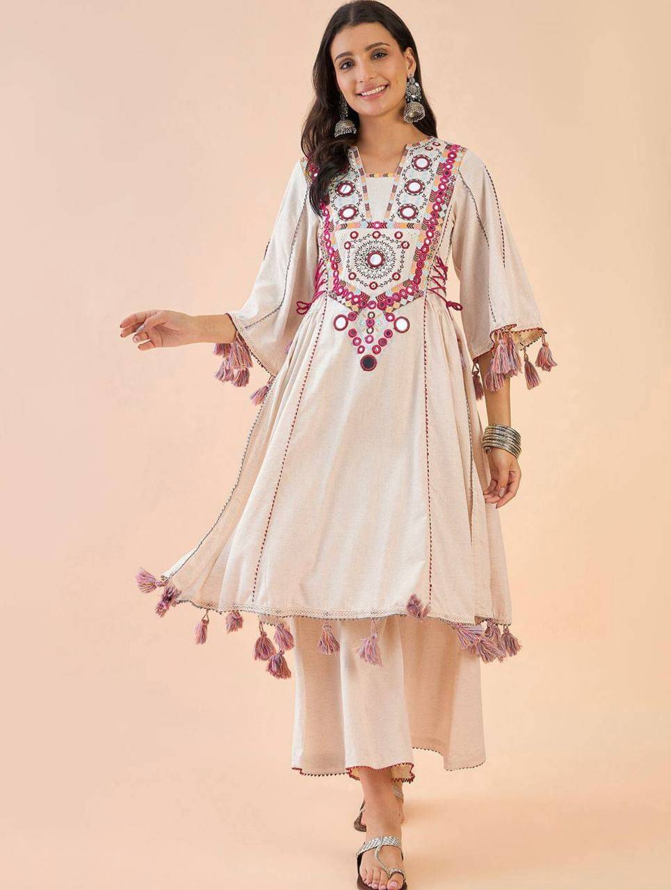     			THE PRIVATE LABLE Women Cotton Embroidered Straight Kurti With Palazzo ( White )