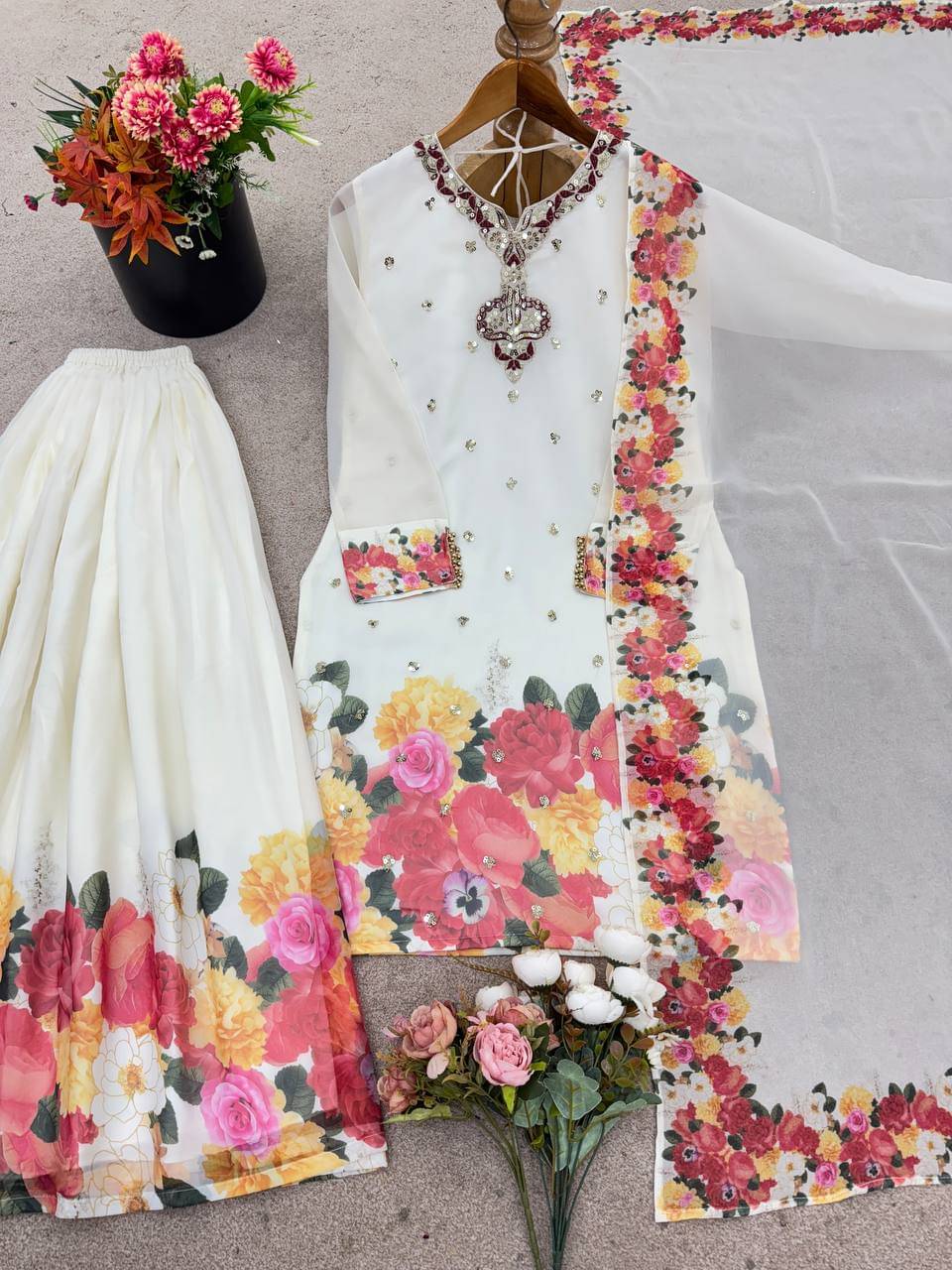     			THE PRIVATE LABLE Women Georgette Embroidered Straight Kurti With Sharara And Gharara ( White )