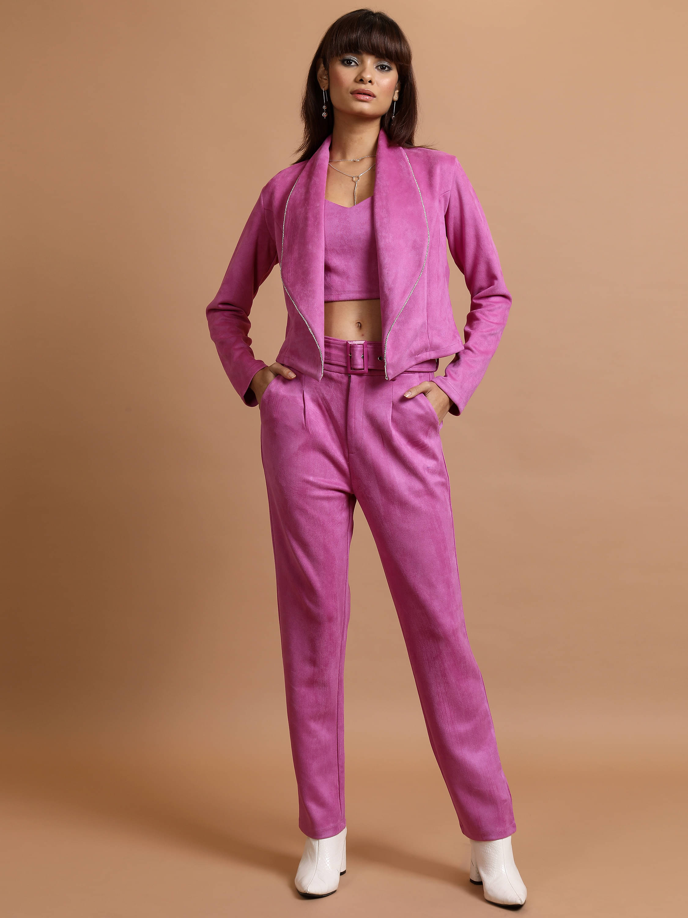 Tokyo Talkies Women Coat With Trousers Co-Ord Set ( Pink )     			Tokyo Talkies Women Coat With Trousers Co-Ord Set ( Pink )