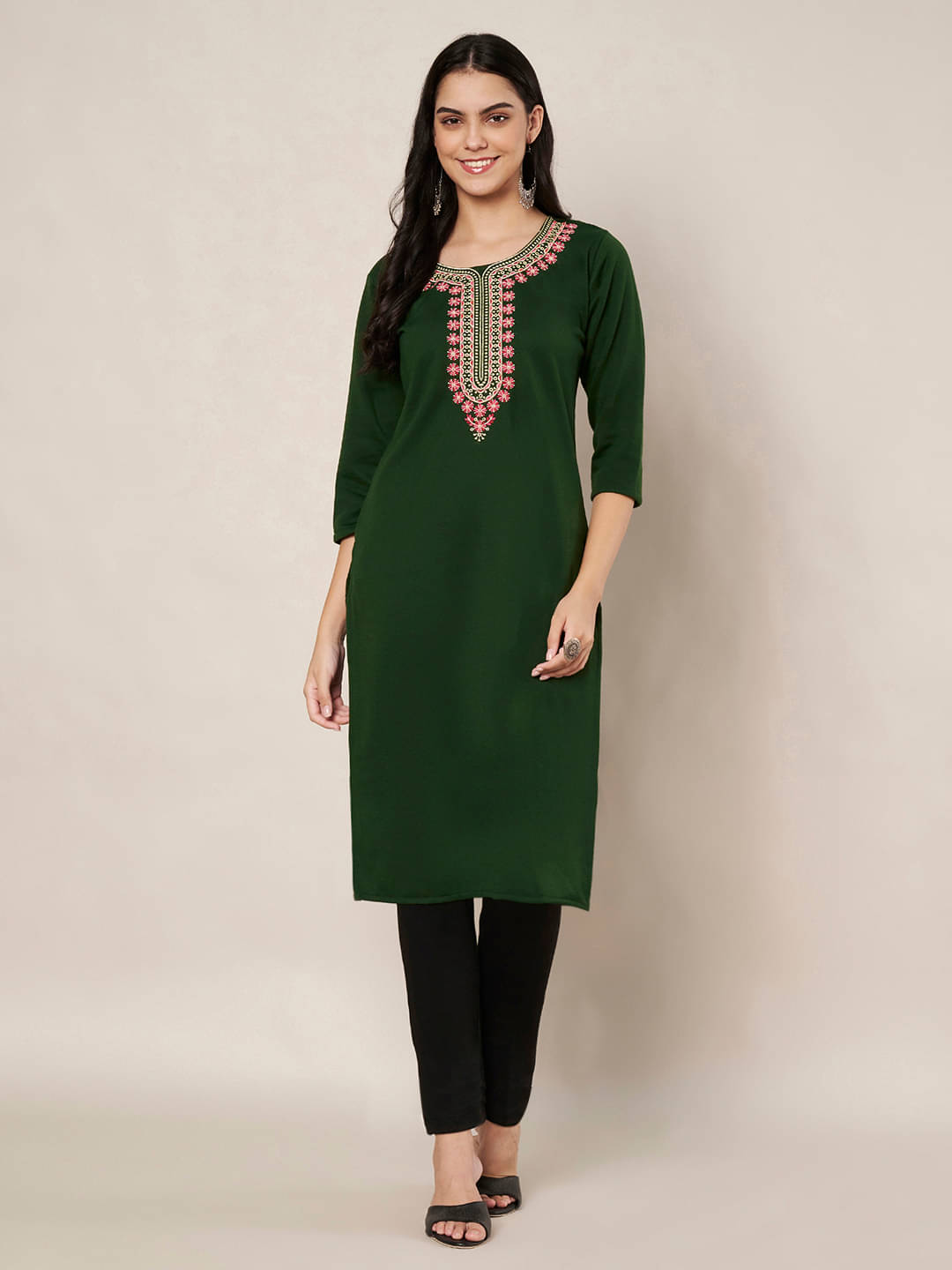     			Trend Level Women Woollen Embroidered Straight Kurti ( Green )