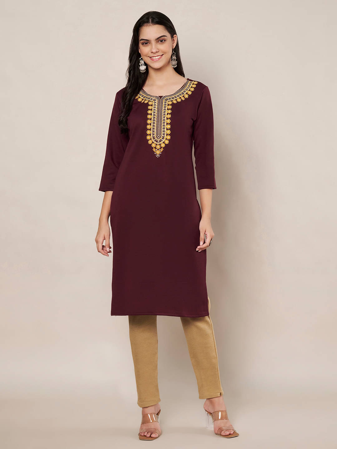     			Trend Level Women Woollen Embroidered Straight Kurti ( Wine )