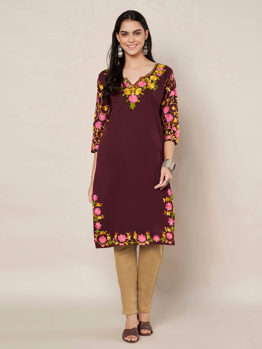     			Trend Level Women Woollen Embroidered Straight Kurti ( Wine )