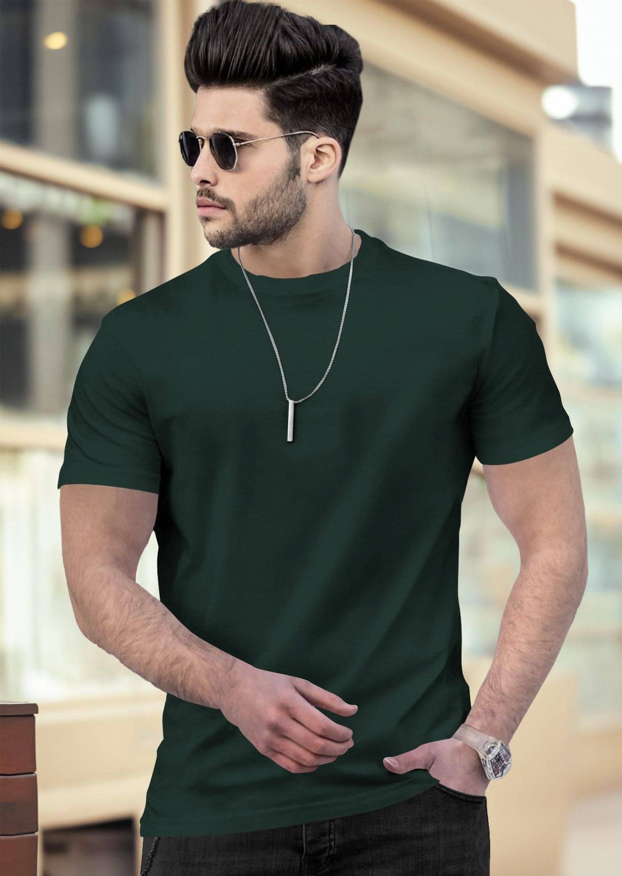 Tripr Men Cotton Blend Regular Fit Solid T-Shirt ( Dark Green )     			Tripr Men Cotton Blend Regular Fit Solid T-Shirt ( Dark Green )