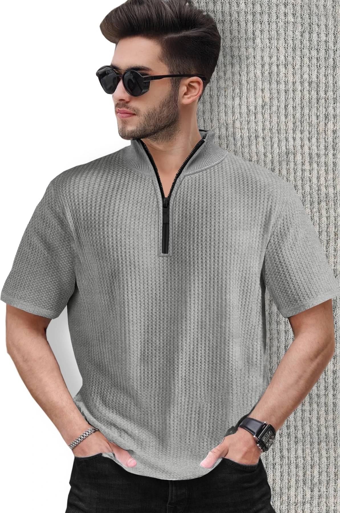    			Tripr Men Cotton Blend Regular Fit Solid T-Shirt ( Grey )