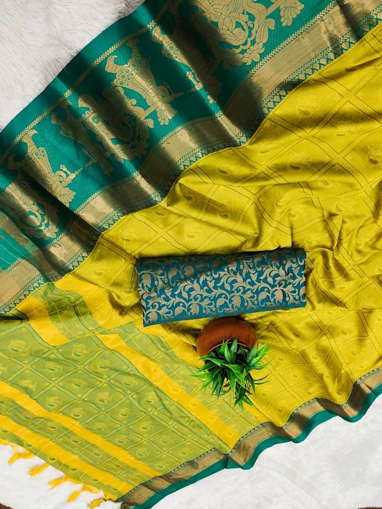     			Vastukala Silk Woven Kanjeevaram Sarees With Unstitched Blouse Piece ( Yellow )