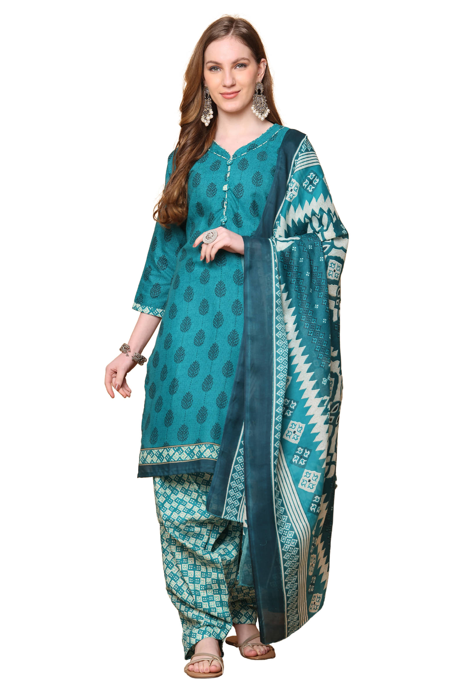     			VihaanExim Women Cotton Blend Printed Straight Kurti With Patiala Salwar ( Teal )