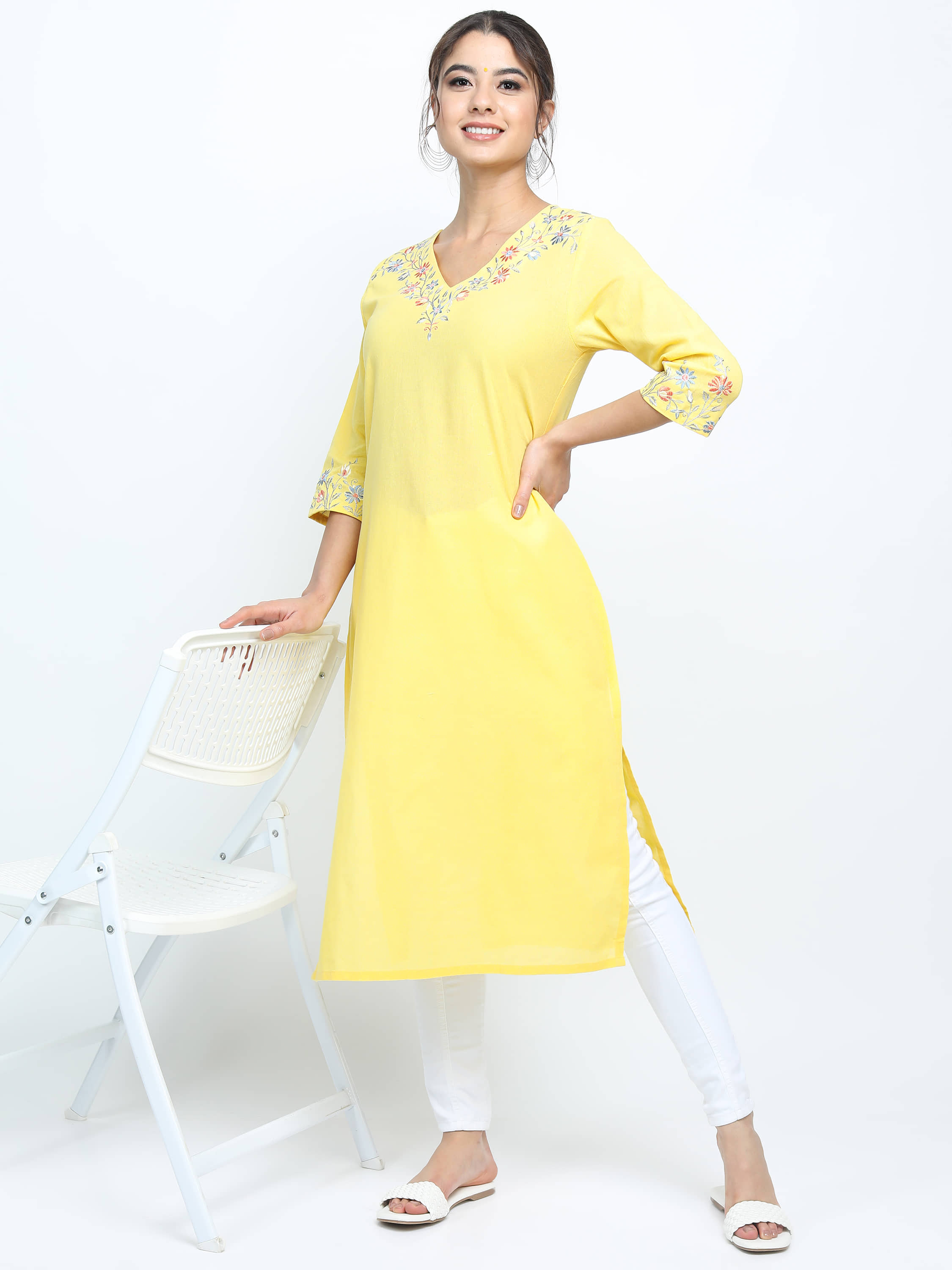 Vishudh Women Cotton Embroidered Straight Kurti ( Yellow ) - Kurtis, Tunics | Buy online on ZillyBuy