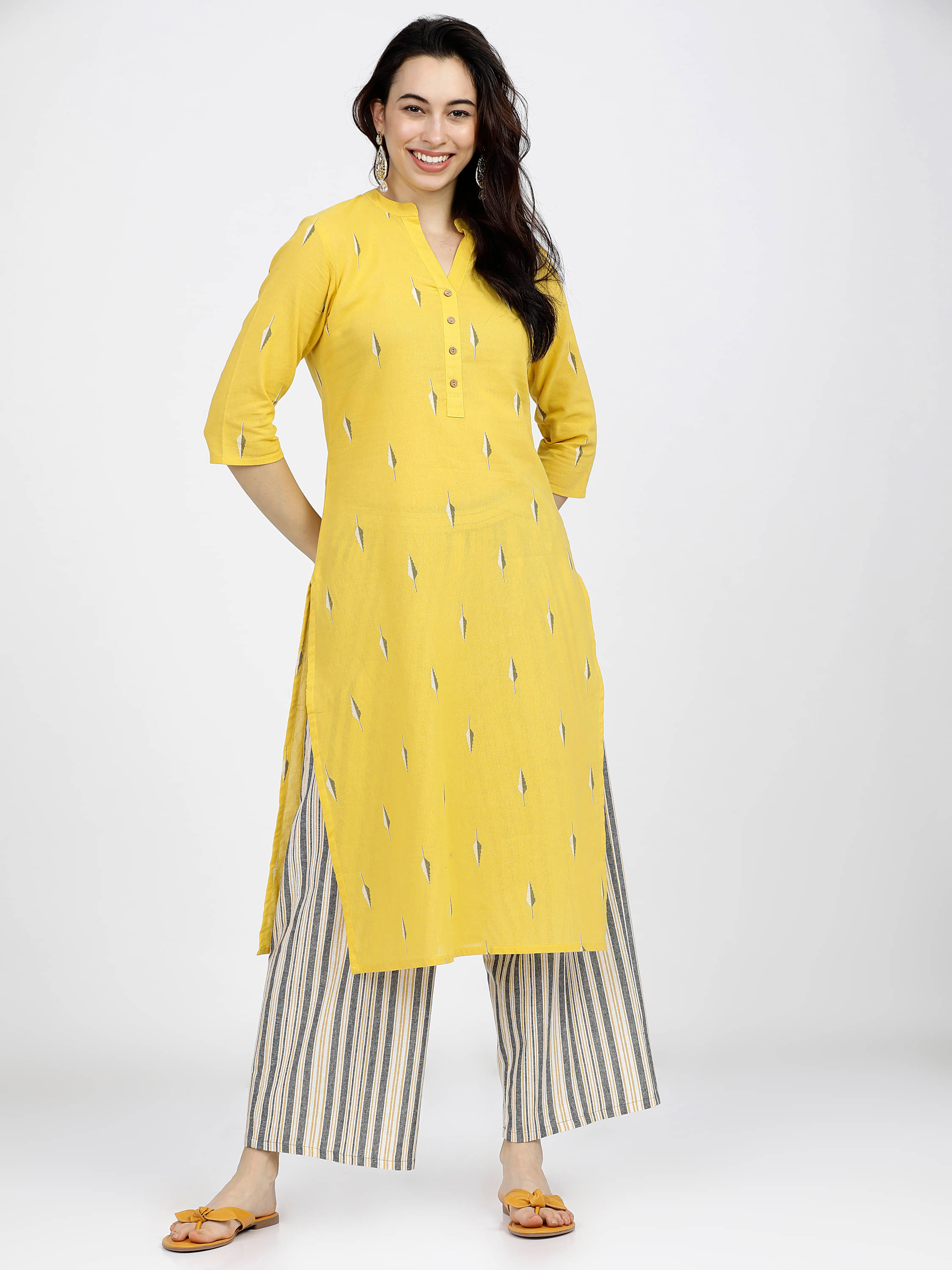     			Vishudh Women Cotton Printed Straight Kurti With Palazzo ( Yellow )