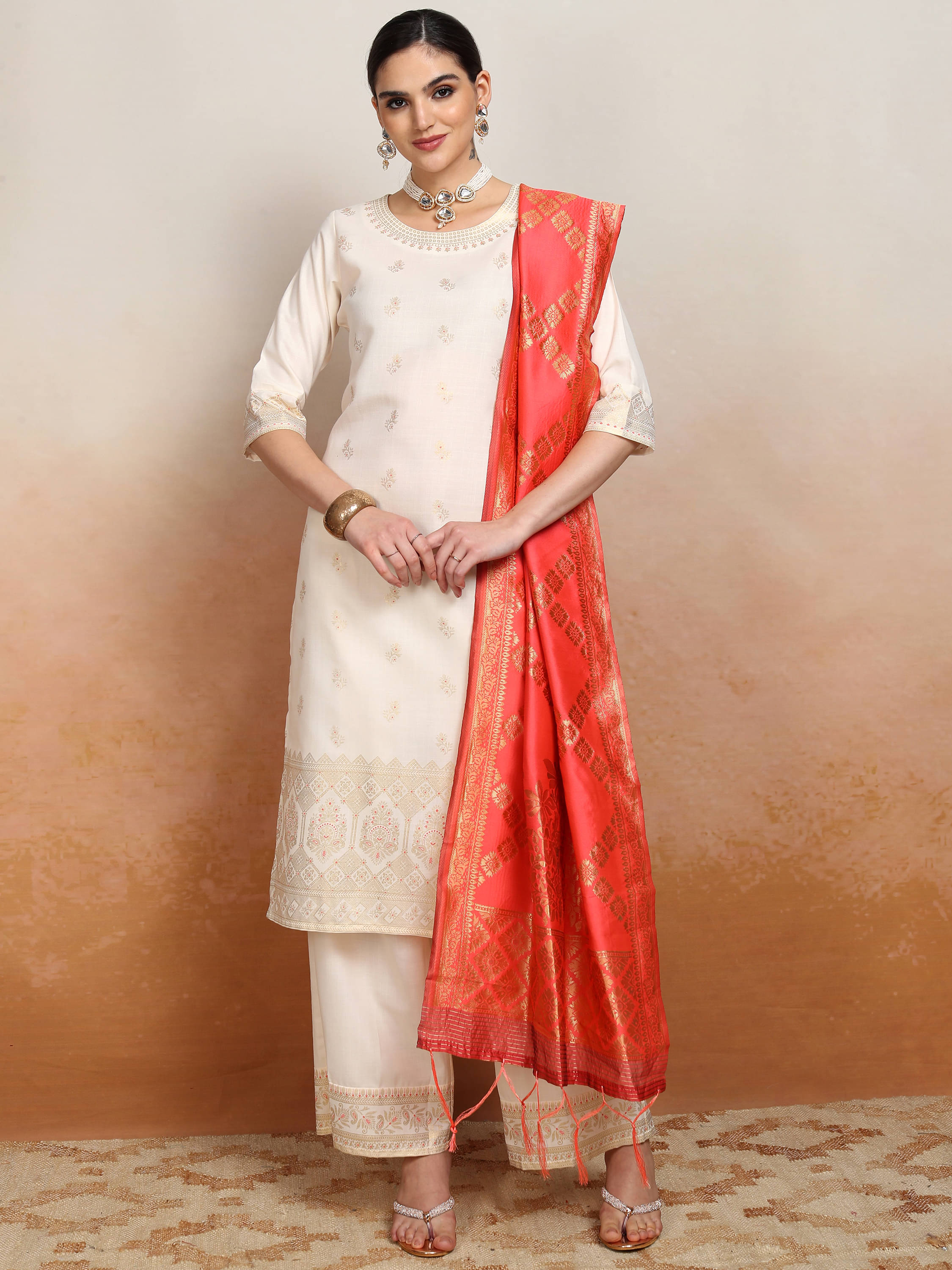     			Vishudh Women Polyester Embroidered Straight Kurti With Palazzo ( Cream )