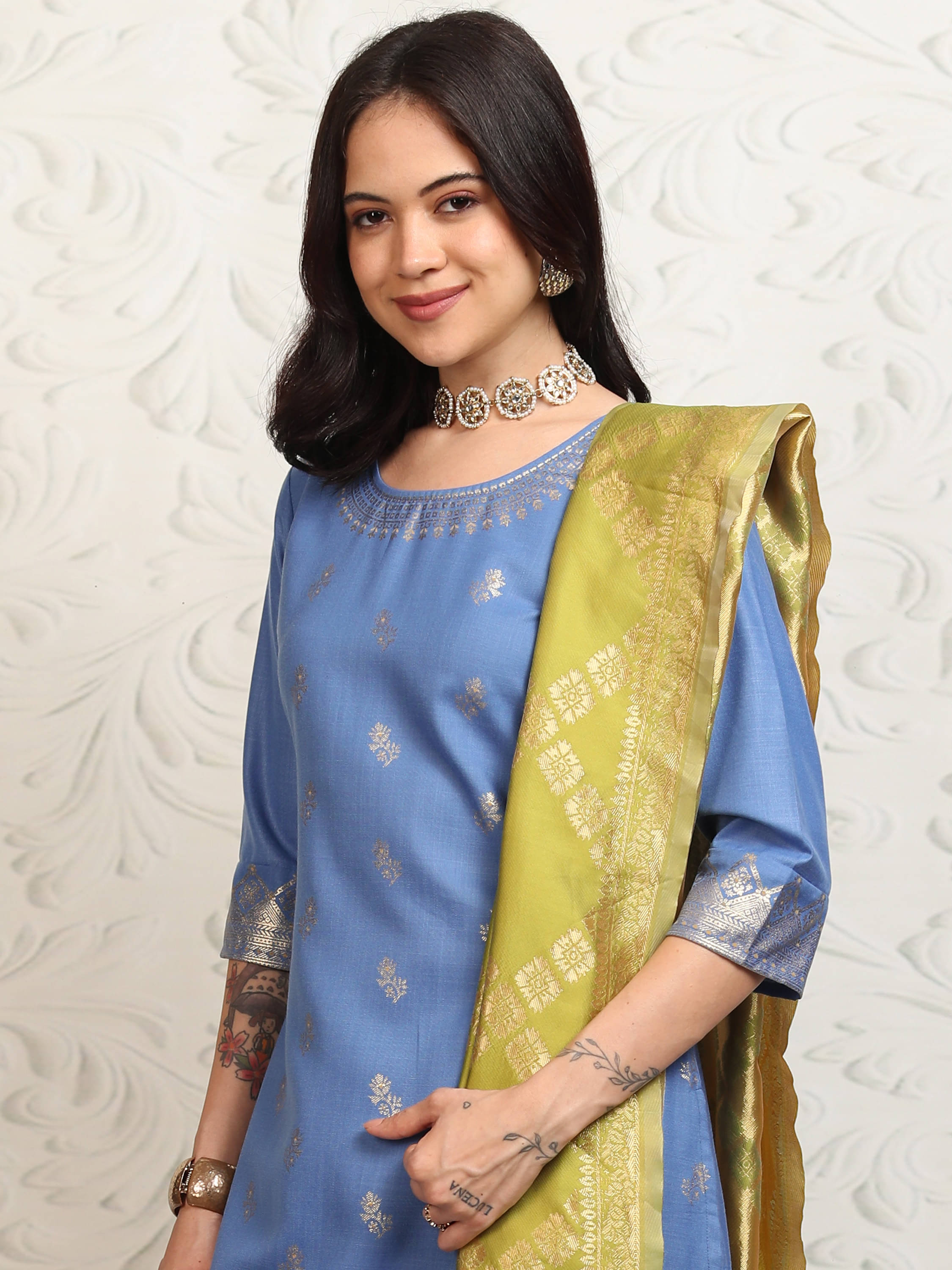     			Vishudh Women Polyester Printed Straight Kurti With Palazzo ( Blue )