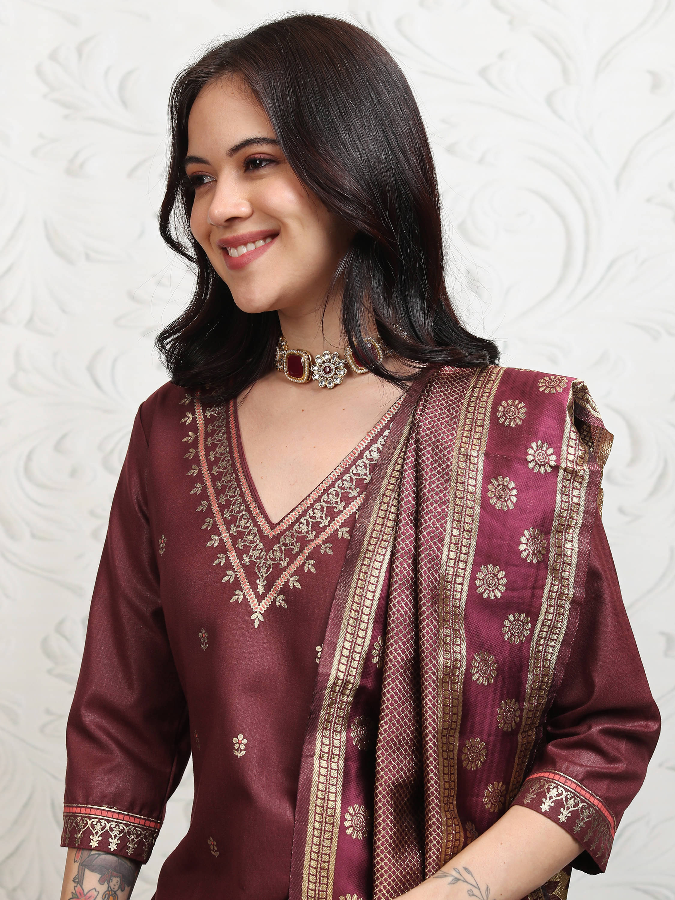 Vishudh Women Polyester Printed Straight Kurti With Palazzo ( Burgundy ) Vishudh Women Polyester Printed Straight Kurti With Palazzo ( Burgundy )