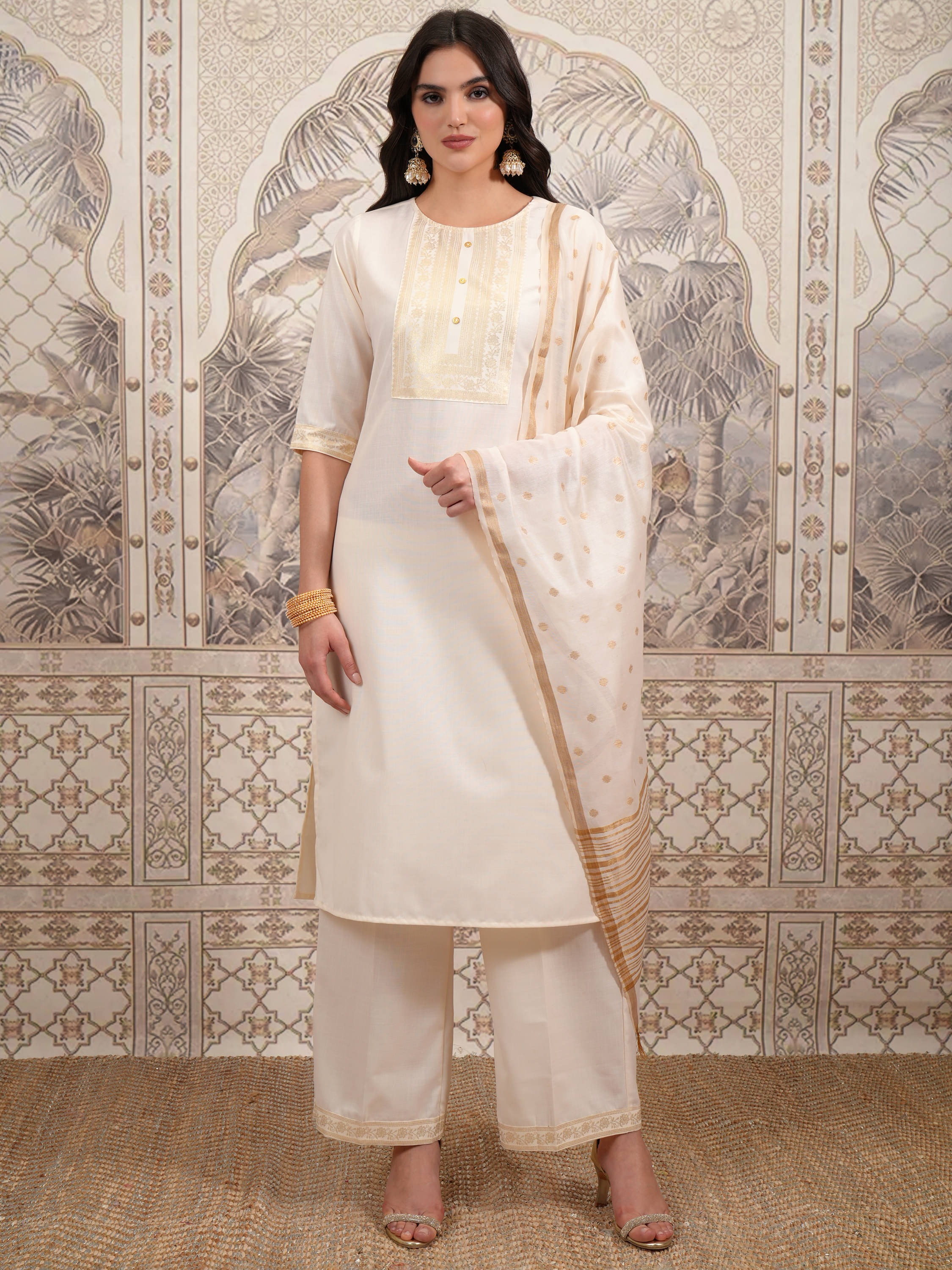     			Vishudh Women Polyester Printed Straight Kurti With Palazzo ( Cream )
