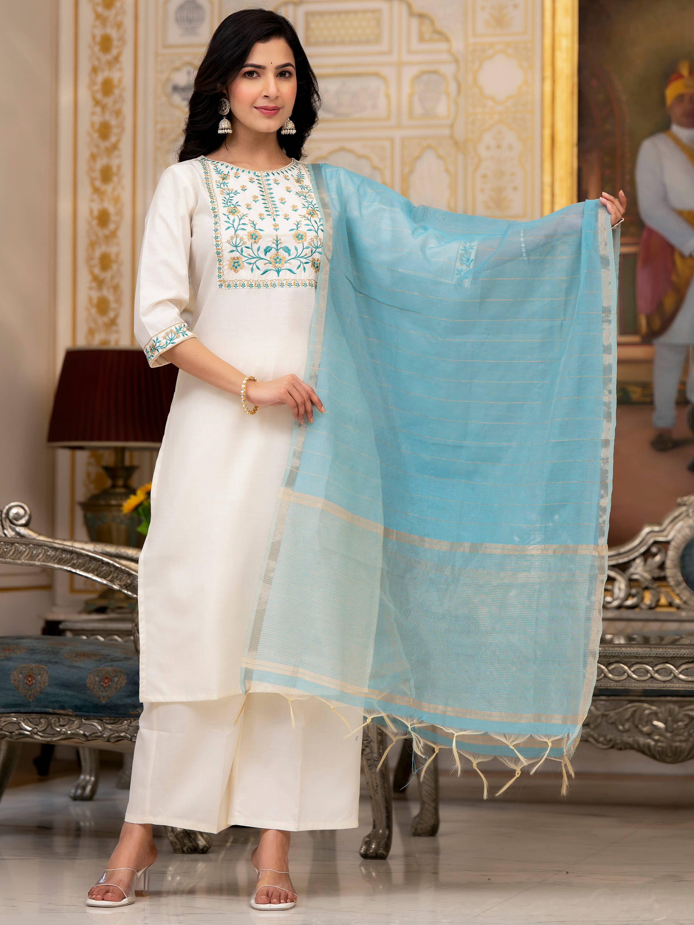     			Vishudh Women Polyester Solid Straight Kurti With Palazzo ( Cream )