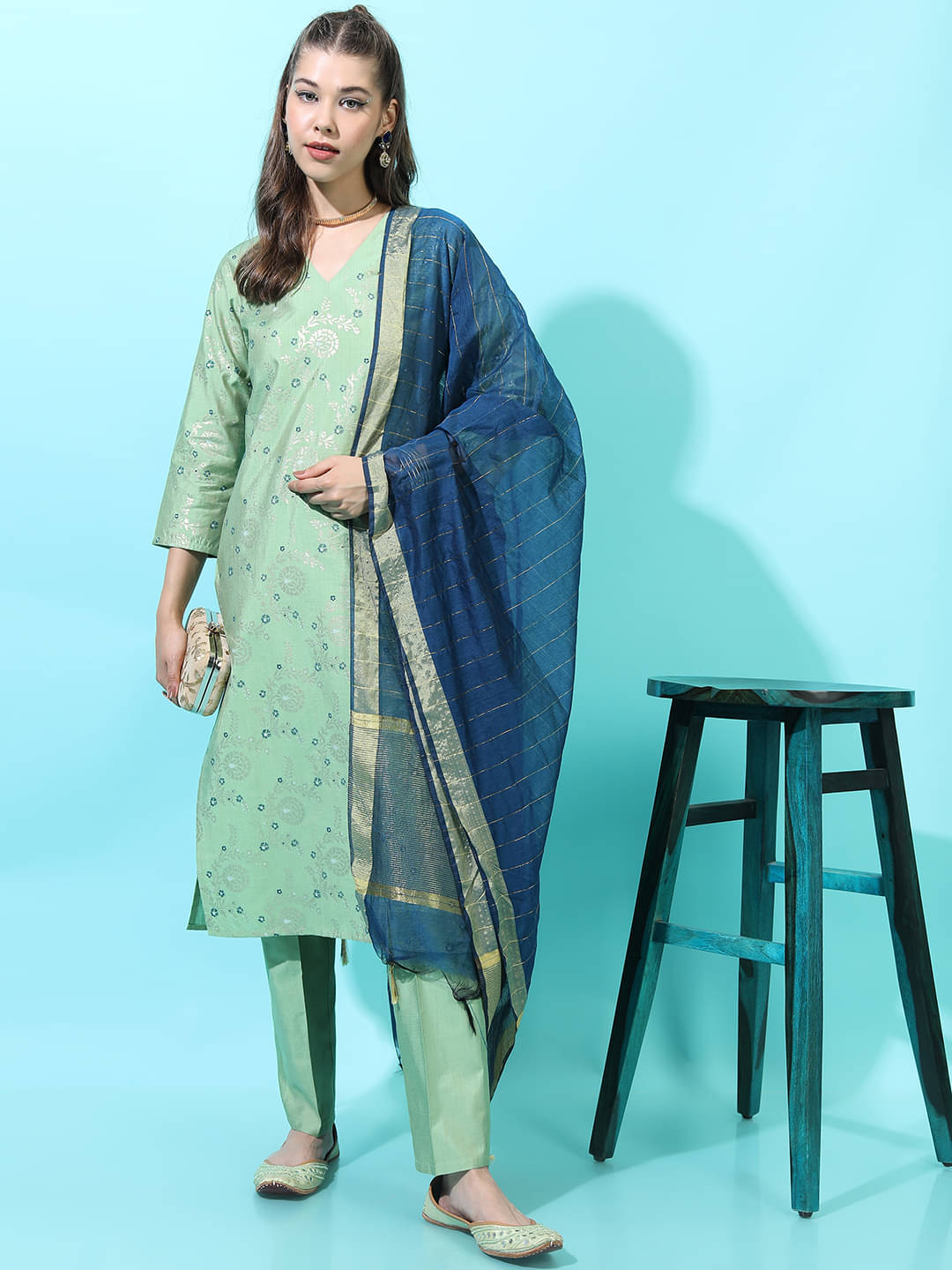     			Vishudh Women Viscose Printed A-line Kurti With Pants ( Green )