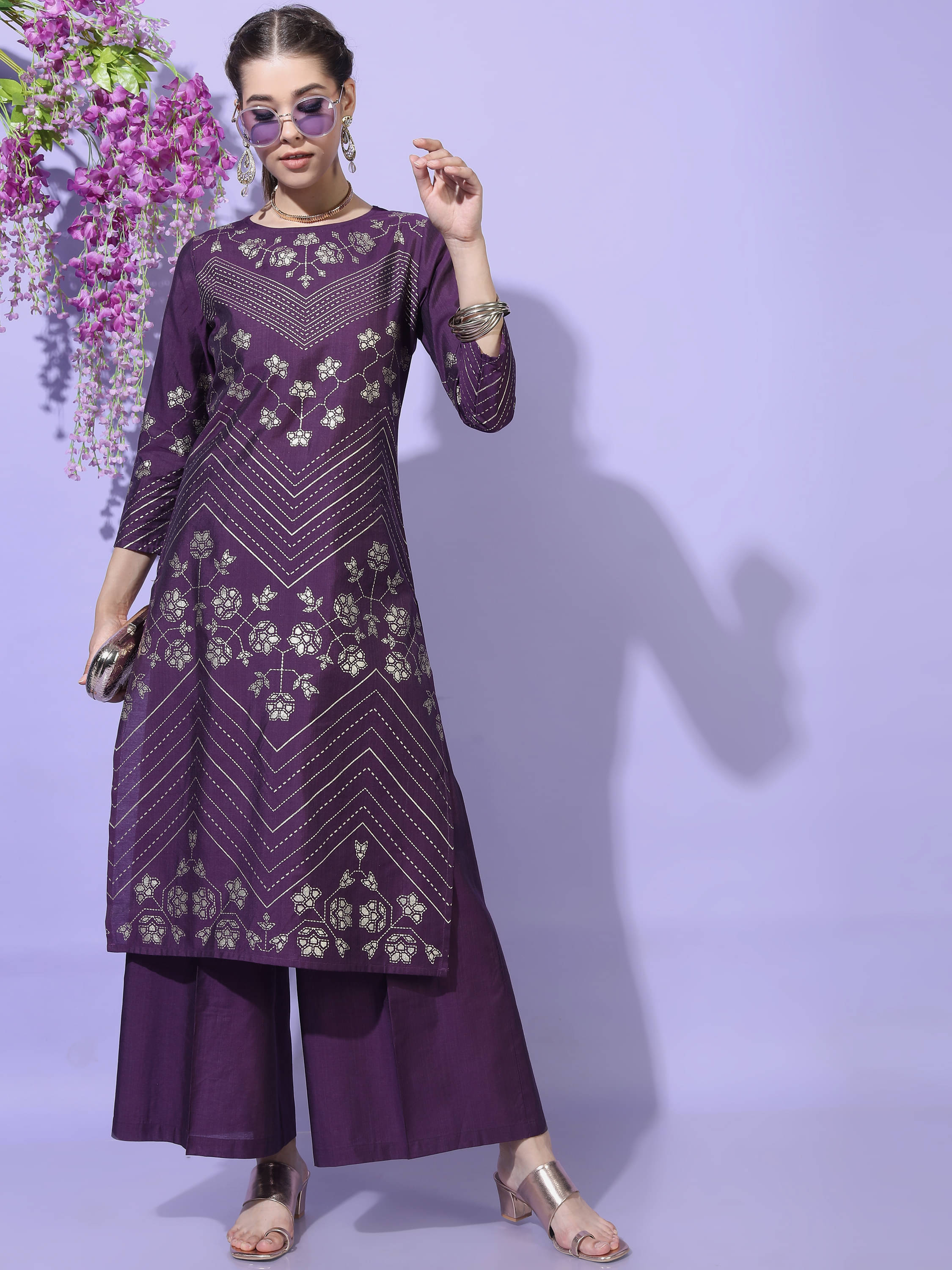     			Vishudh Women Viscose Printed Straight Kurti With Palazzo ( Purple )