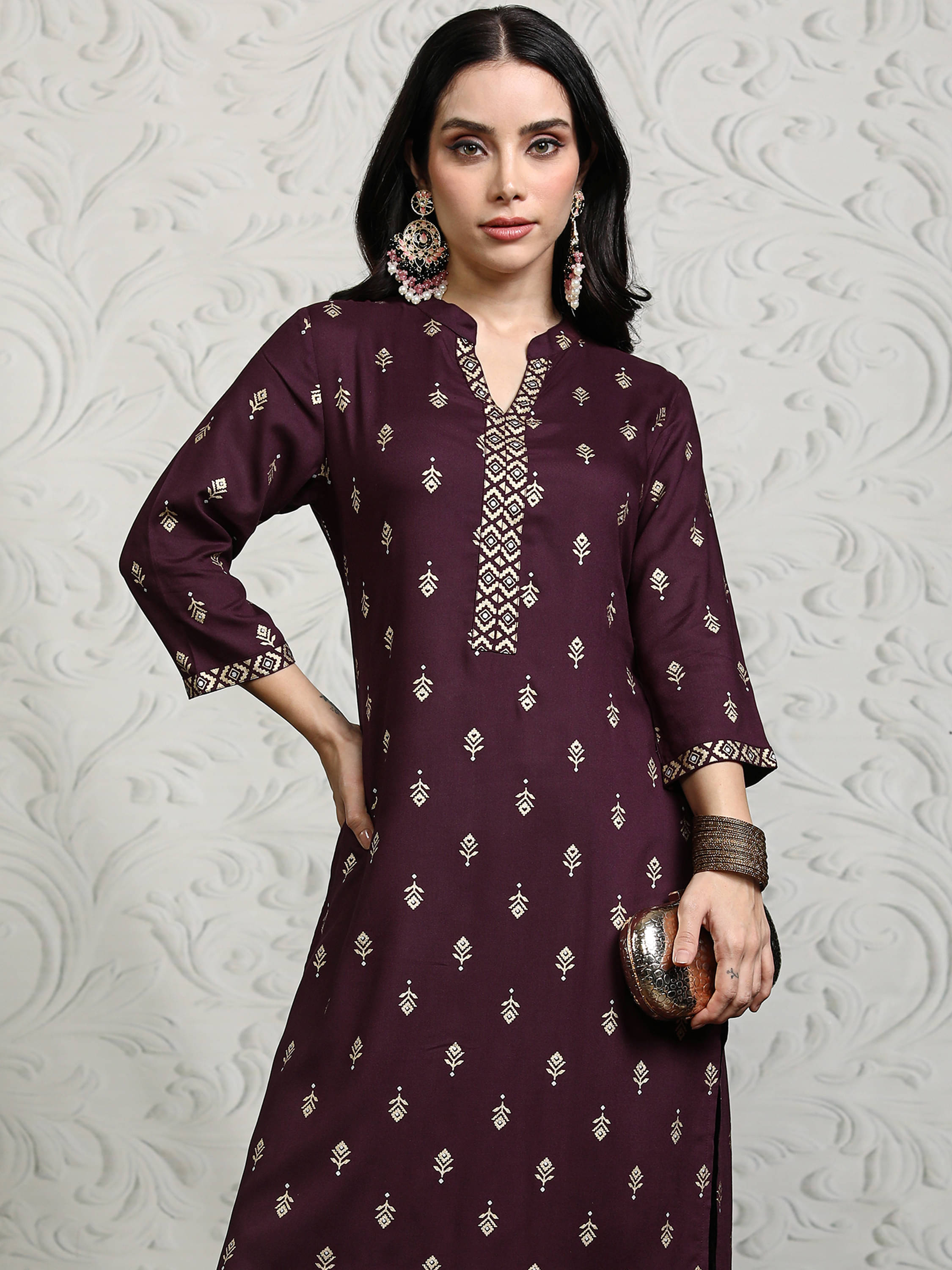     			Vishudh Women Viscose Printed Straight Kurti With Palazzo ( Maroon )