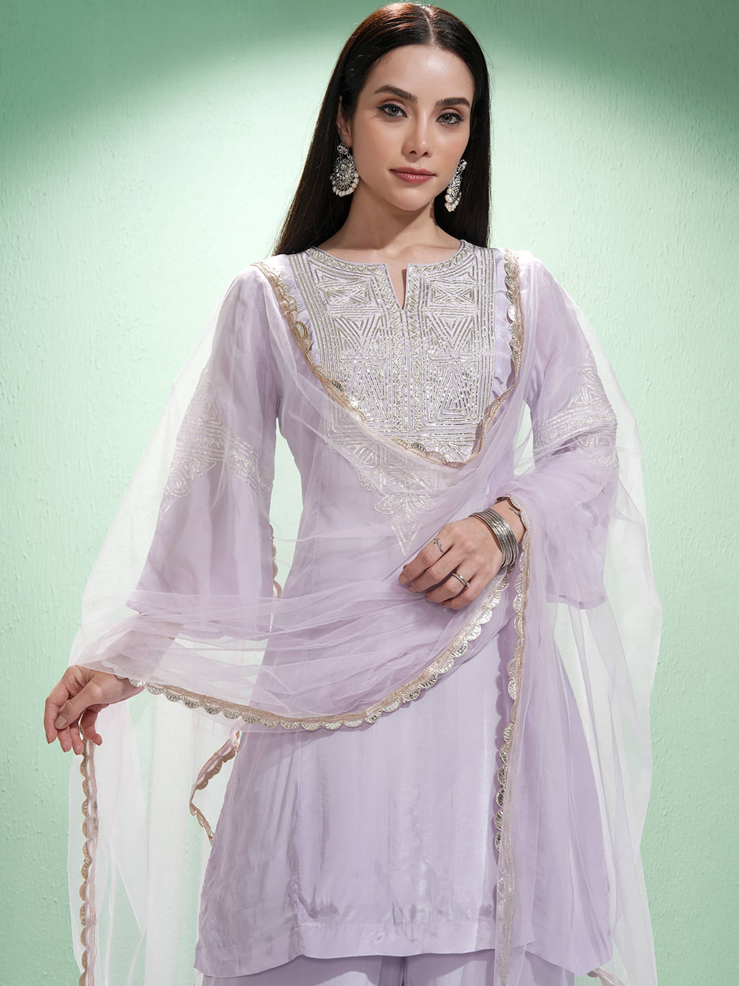    			Vishudh Women Viscose Solid A-line Kurti With Pants ( Lavender )
