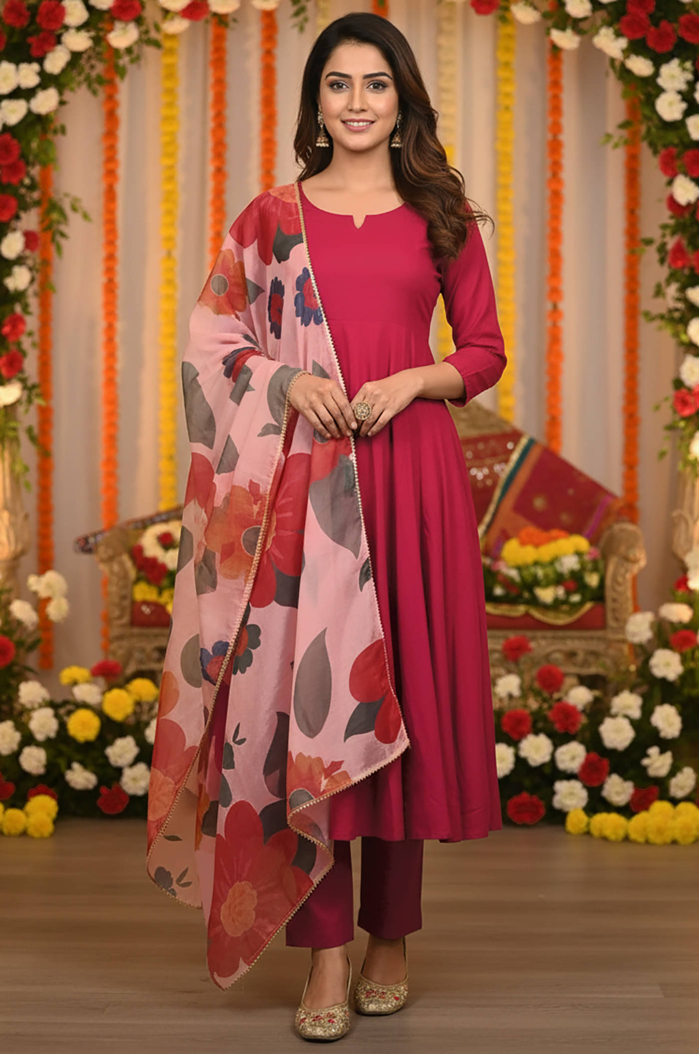     			kedar fab Women Cotton Blend Printed A-line Kurti With Pants ( Pink )